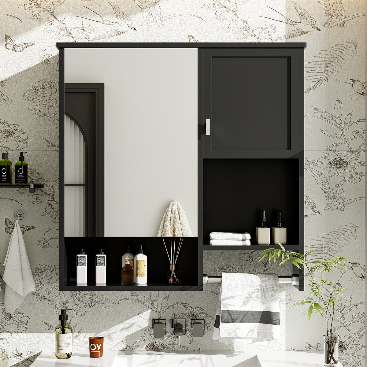 29'' x 28'' Modern Wall Mounted Bathroom Medicine Cabinet, Bathroom Wall Storage Cabinet with Mirror, Over the Toilet Space Saver Cabinet with Towels Bar