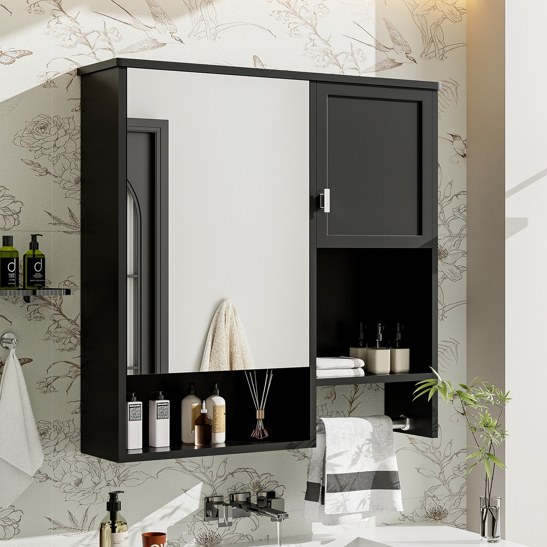 29'' x 28'' Modern Wall Mounted Bathroom Medicine Cabinet, Bathroom Wall Storage Cabinet with Mirror, Over the Toilet Space Saver Cabinet with Towels Bar
