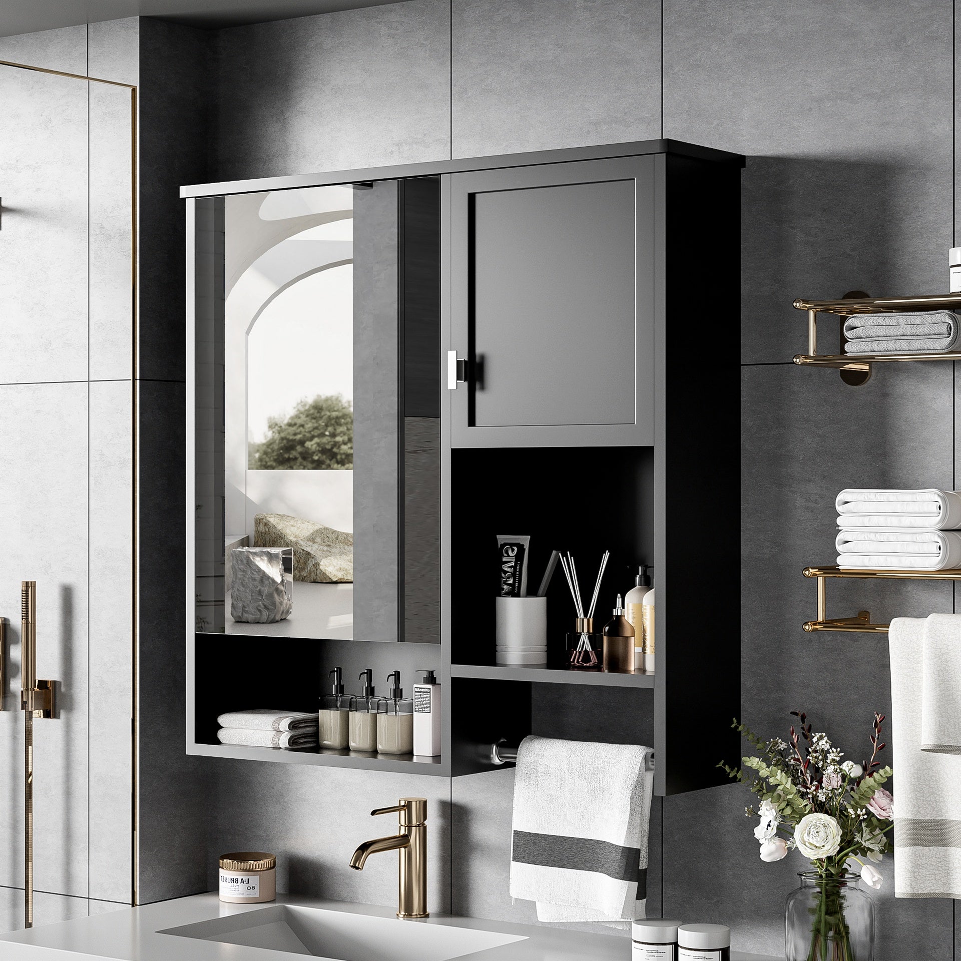 29'' x 28'' Modern Wall Mounted Bathroom Medicine Cabinet, Bathroom Wall Storage Cabinet with Mirror, Over the Toilet Space Saver Cabinet with Towels Bar
