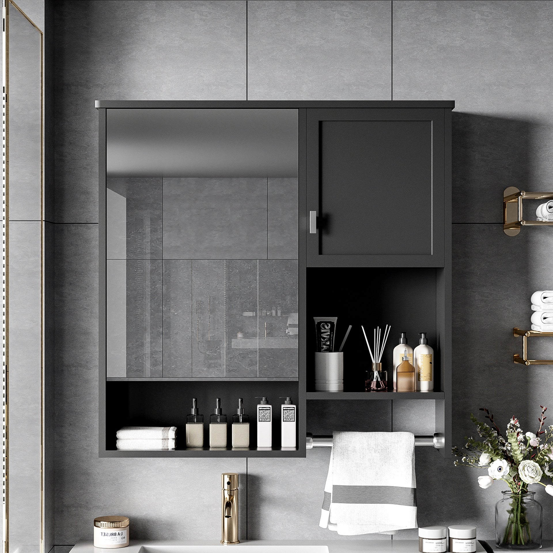 29'' x 28'' Modern Wall Mounted Bathroom Medicine Cabinet, Bathroom Wall Storage Cabinet with Mirror, Over the Toilet Space Saver Cabinet with Towels Bar