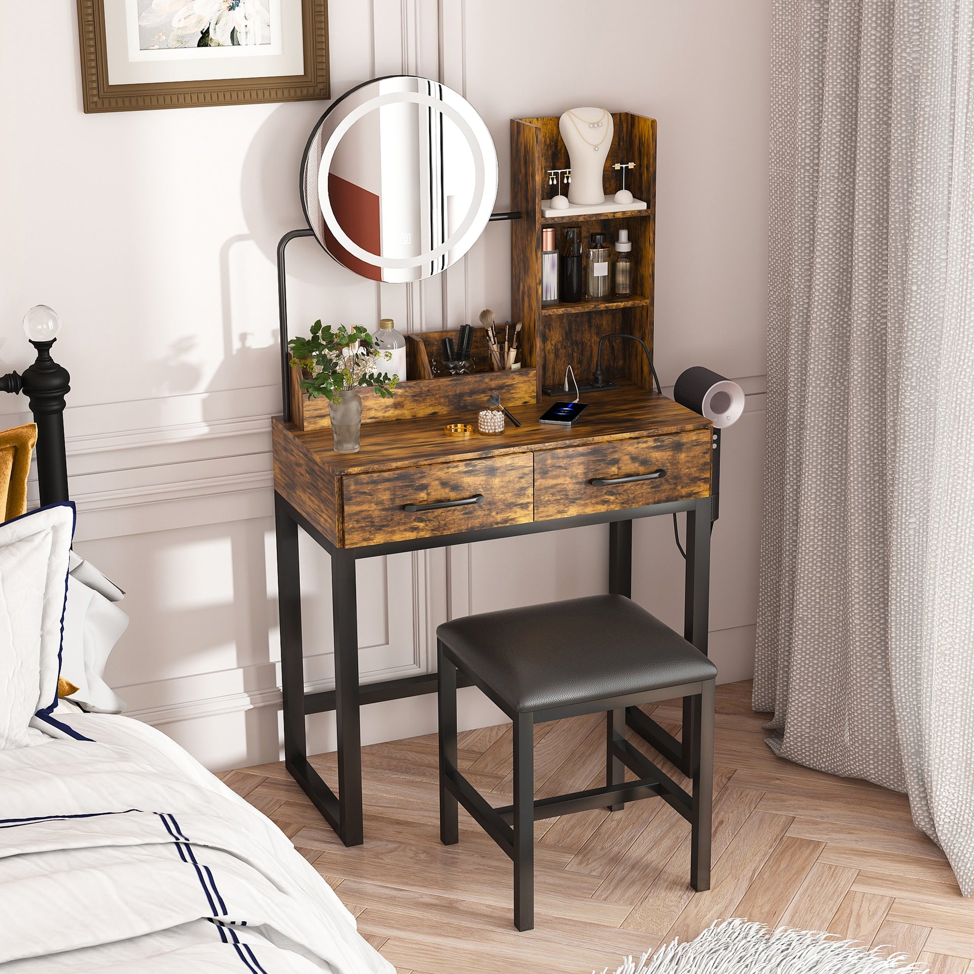 Makeup Vanity with LED Lights&3 Color and Power Outlet Makeup Vanity Table with 2 big Drawers with Sturdy Metal Leg and Metal Chair ,Dressing Table for Bedroom Dressing Room (brown)
