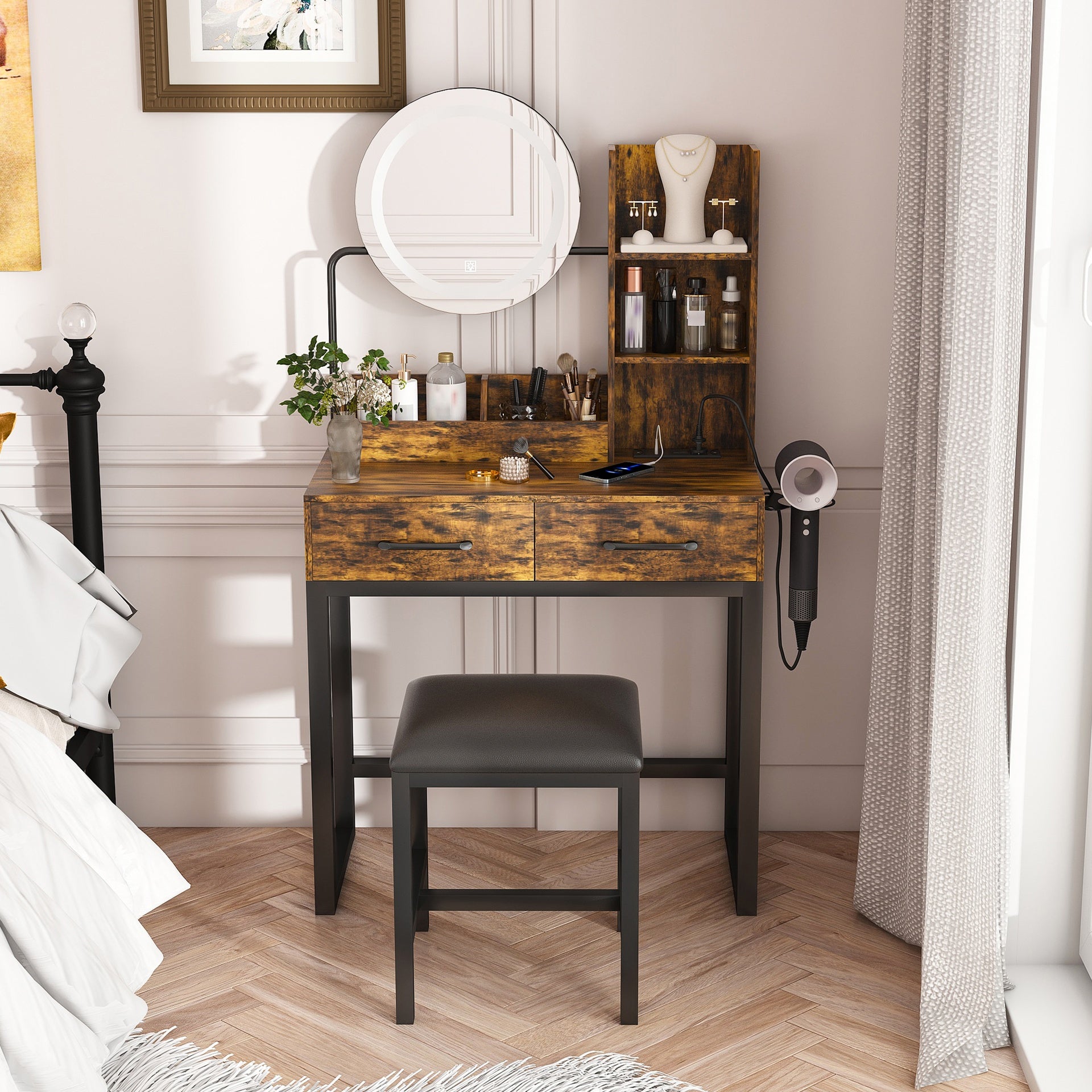 Makeup Vanity with LED Lights&3 Color and Power Outlet Makeup Vanity Table with 2 big Drawers with Sturdy Metal Leg and Metal Chair ,Dressing Table for Bedroom Dressing Room (brown)