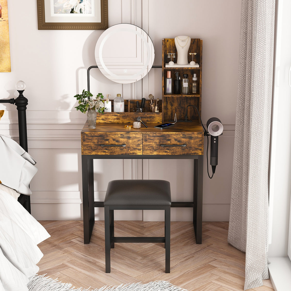 Makeup Vanity with LED Lights&3 Color and Power Outlet Makeup Vanity Table with 2 big Drawers with Sturdy Metal Leg and Metal Chair ,Dressing Table for Bedroom Dressing Room (brown)