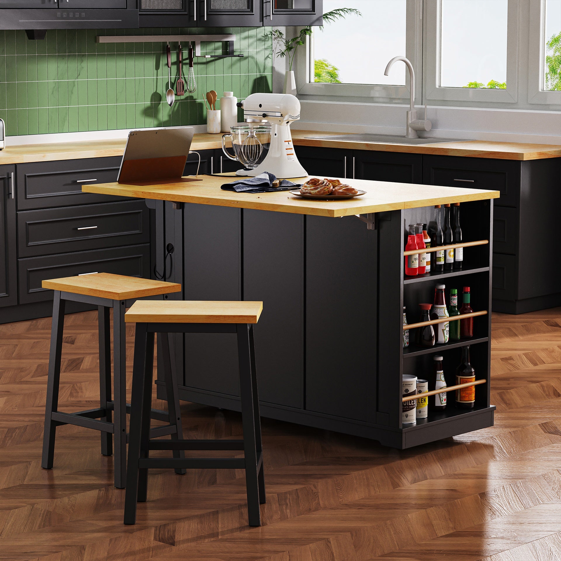 K&K 53inch Large Kitchen Island with Drop Leaf, Power Outlet, Door Internal Storage Rack, Rolling Kitchen Cart on 5 Wheels with 5 Open Side Racks for Kitchen, Dining Room,Black(Not include bar stools)