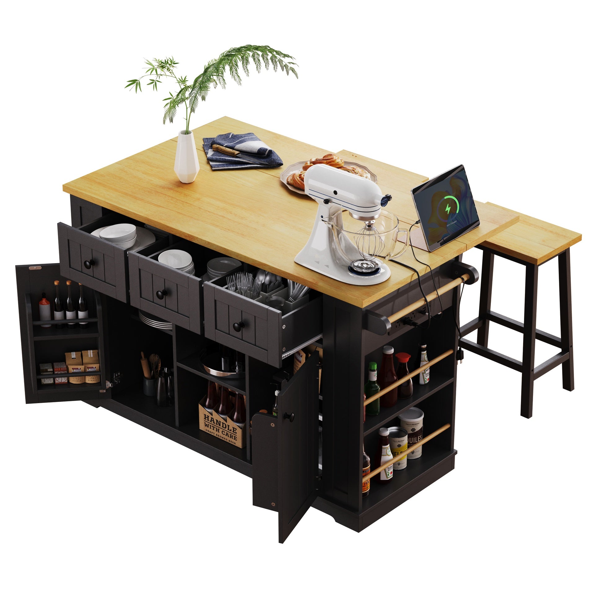 K&K 53inch Large Kitchen Island with Drop Leaf, Power Outlet, Door Internal Storage Rack, Rolling Kitchen Cart on 5 Wheels with 5 Open Side Racks for Kitchen, Dining Room,Black(Not include bar stools)