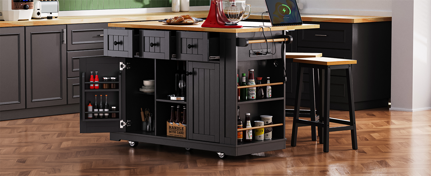 K&K 53inch Large Kitchen Island with Drop Leaf, Power Outlet, Door Internal Storage Rack, Rolling Kitchen Cart on 5 Wheels with 5 Open Side Racks for Kitchen, Dining Room,Black(Not include bar stools)