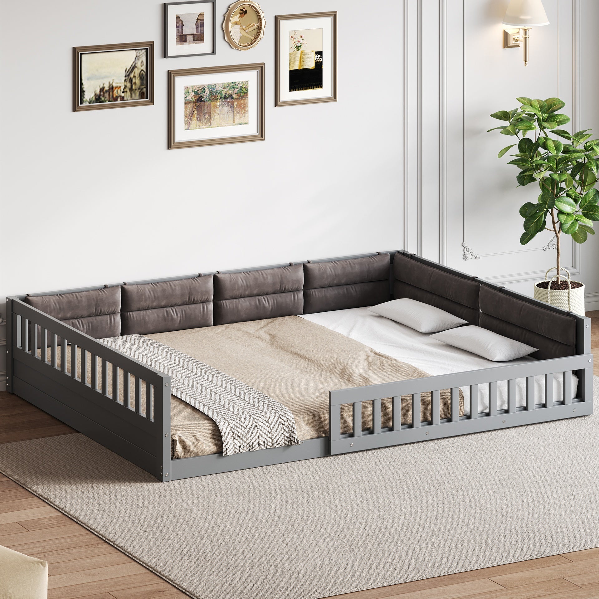 Wood Full Size Upholstered Platform Bed with Guardrail and Pillow, Gray