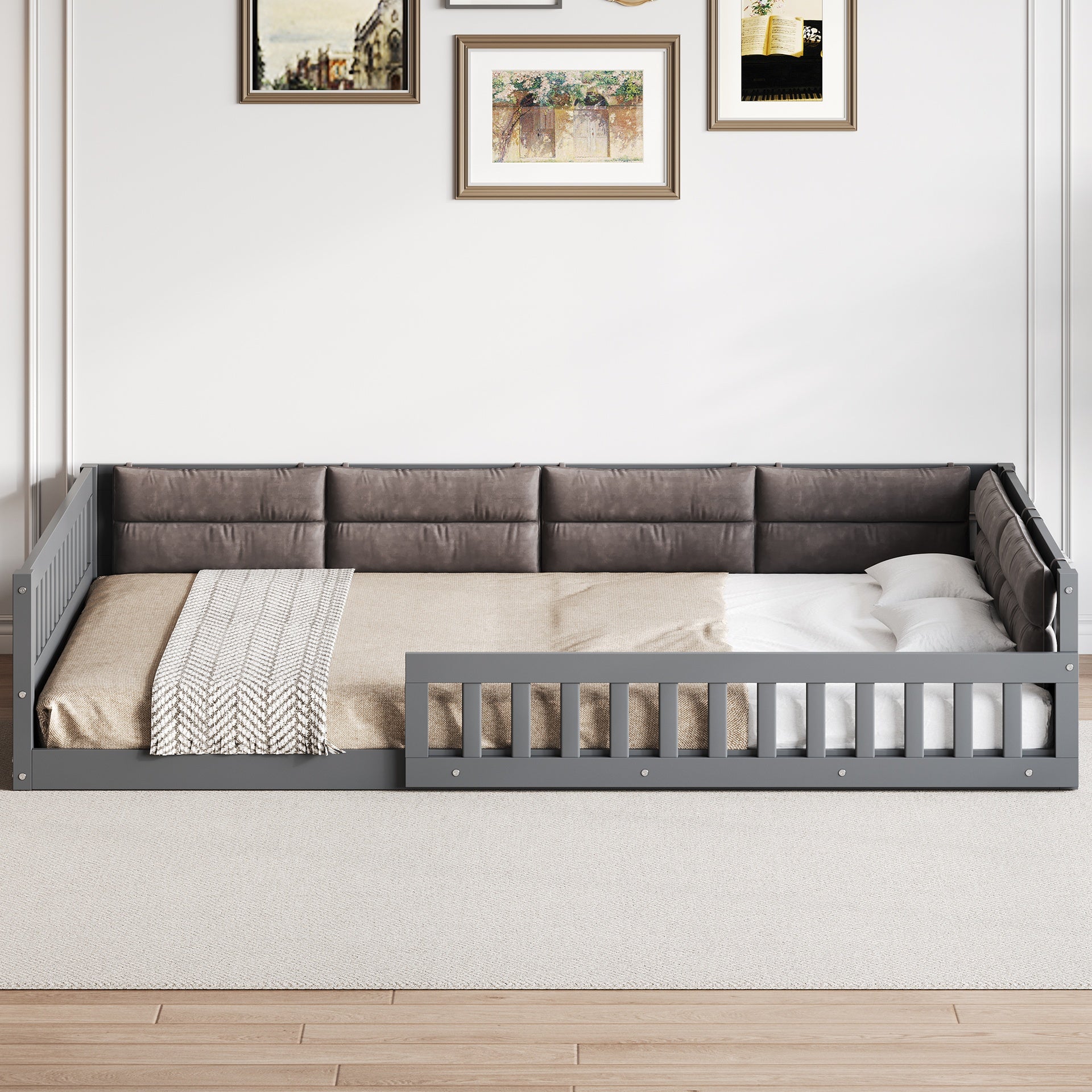Wood Full Size Upholstered Platform Bed with Guardrail and Pillow, Gray