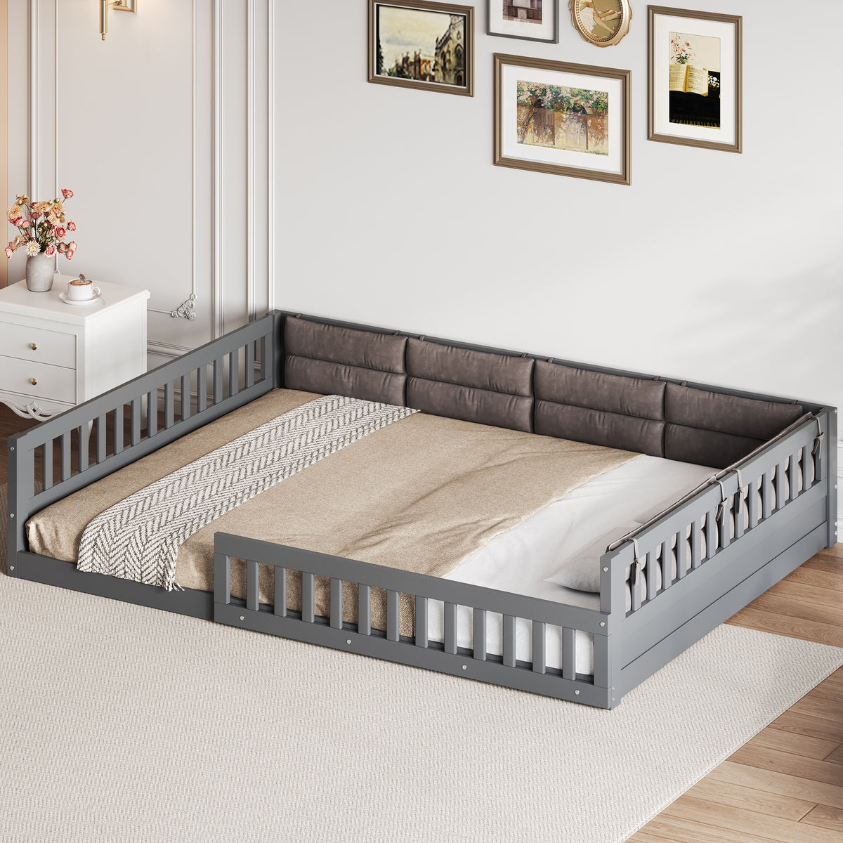 Wood Full Size Upholstered Platform Bed with Guardrail and Pillow, Gray