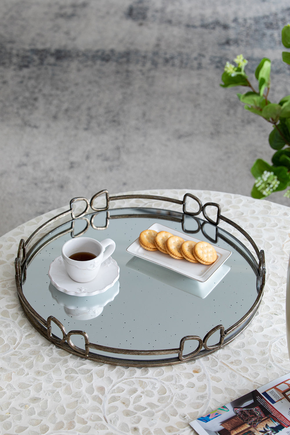 D18x2" Valentina Silver Round Mirror Tray,Large