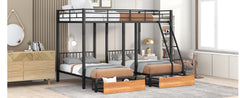 Full Over Twin & Twin Bunk Bed, Metal Triple Bunk Bed with Drawers and Guardrails, Black