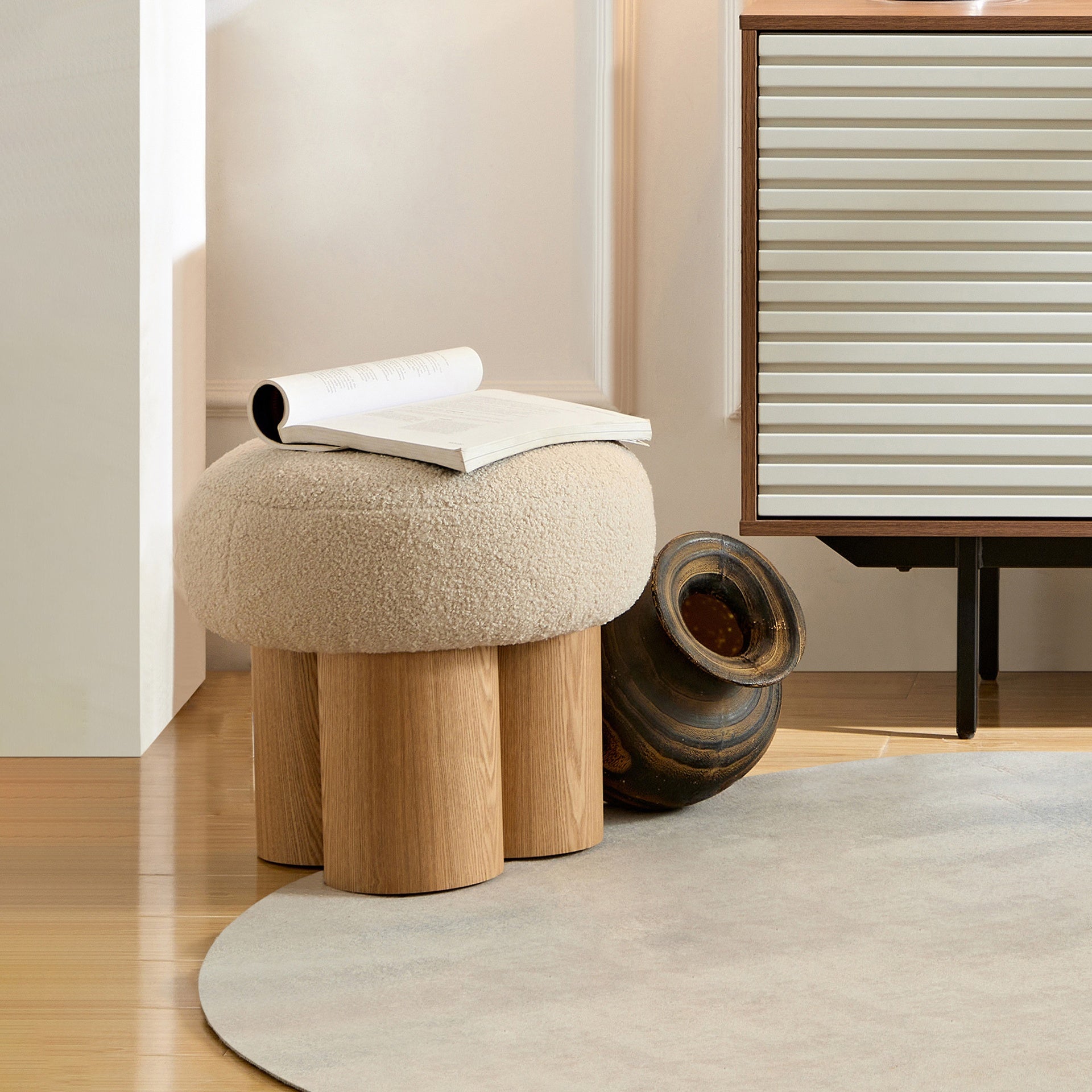 W8017-1 Mushroom stool, grieg plush cushion, wooden barrel PVC pipe, walnut finish