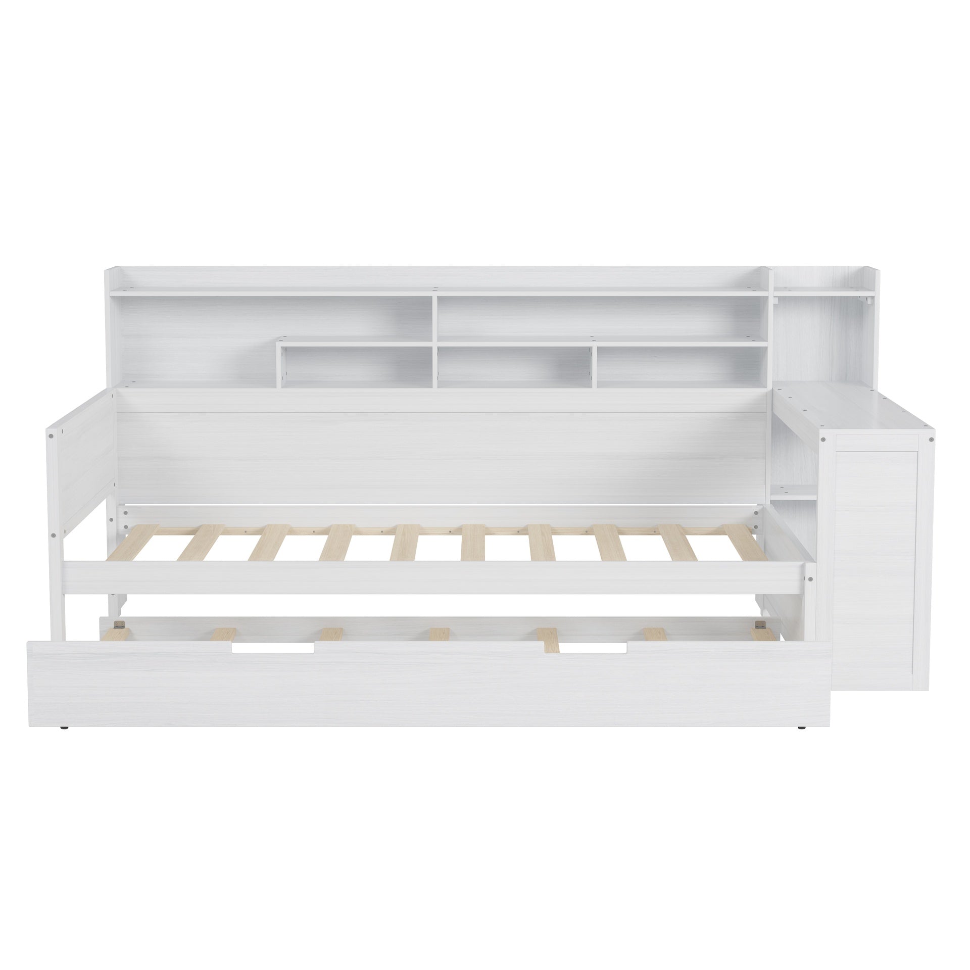 Wooden Twin Size Daybed with Storage Shelves, Multi-functional Bed with Twin Size Trundle Bed and  Study Desk, Antique White