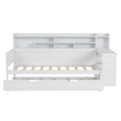 Wooden Twin Size Daybed with Storage Shelves, Multi-functional Bed with Twin Size Trundle Bed and  Study Desk, Antique White