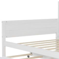Wooden Twin Size Daybed with Storage Shelves, Multi-functional Bed with Twin Size Trundle Bed and  Study Desk, Antique White