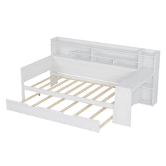 Wooden Twin Size Daybed with Storage Shelves, Multi-functional Bed with Twin Size Trundle Bed and  Study Desk, Antique White