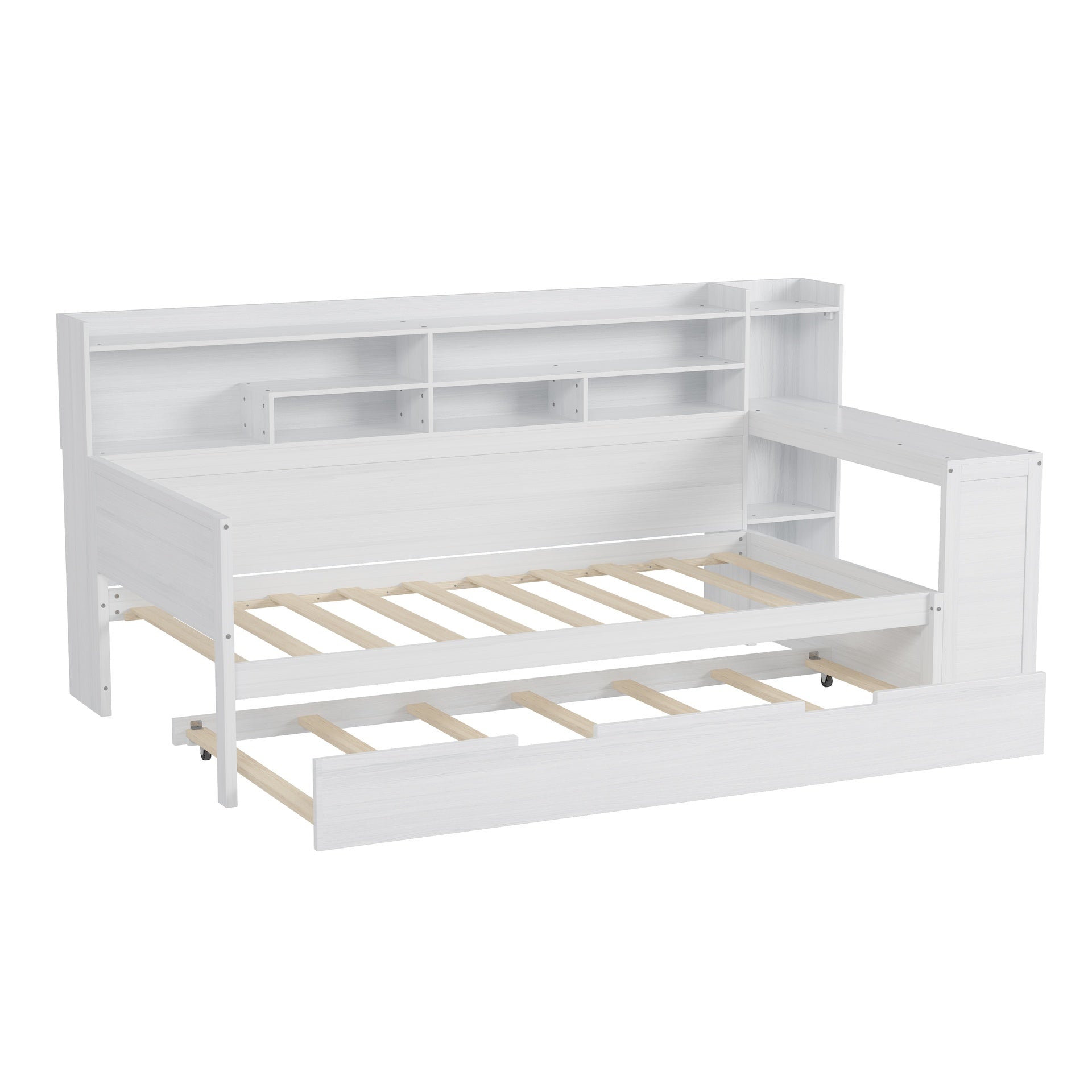 Wooden Twin Size Daybed with Storage Shelves, Multi-functional Bed with Twin Size Trundle Bed and  Study Desk, Antique White