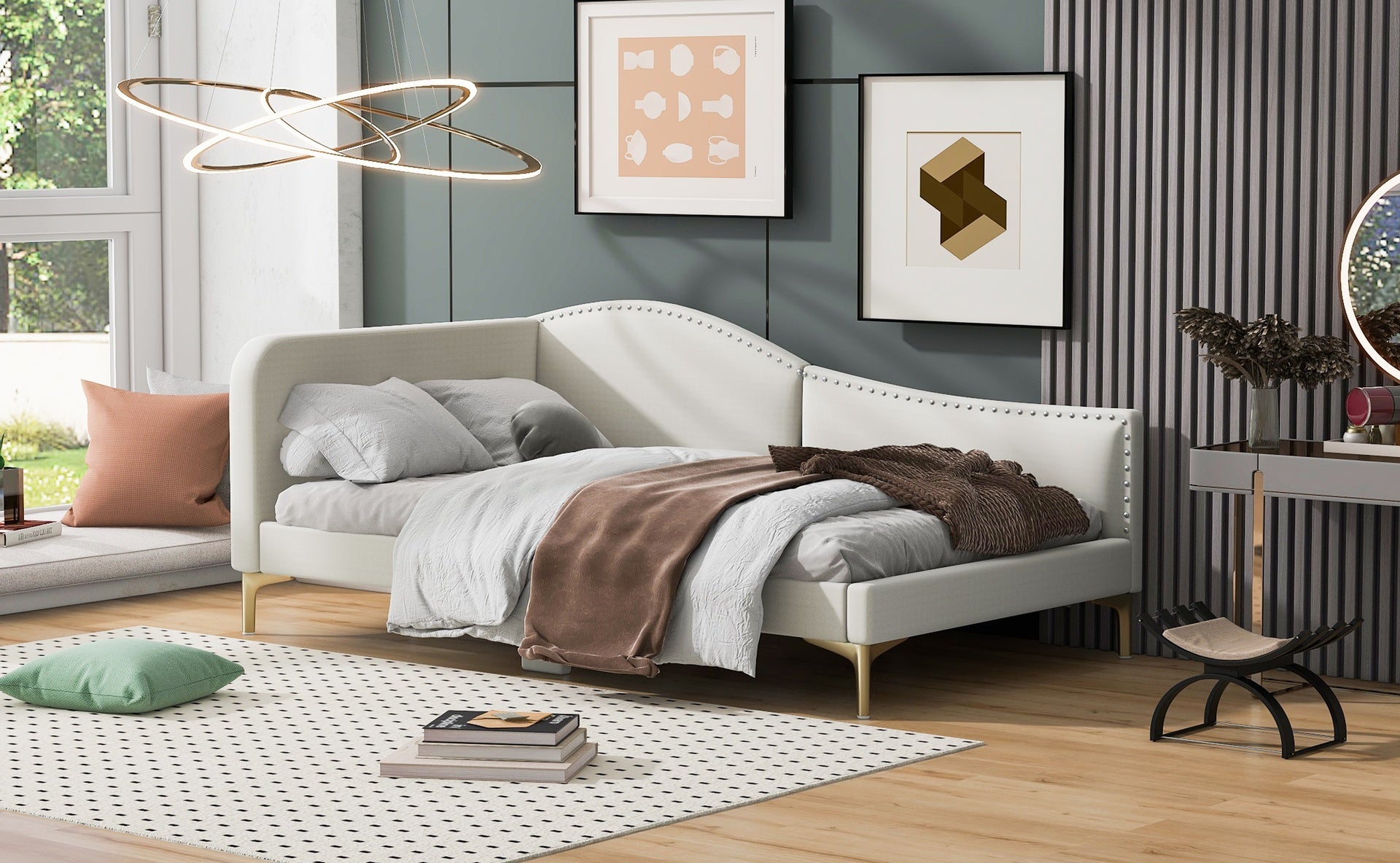 Twin Size Upholstered Daybed with Headboard and Armrest, Support Legs, Beige