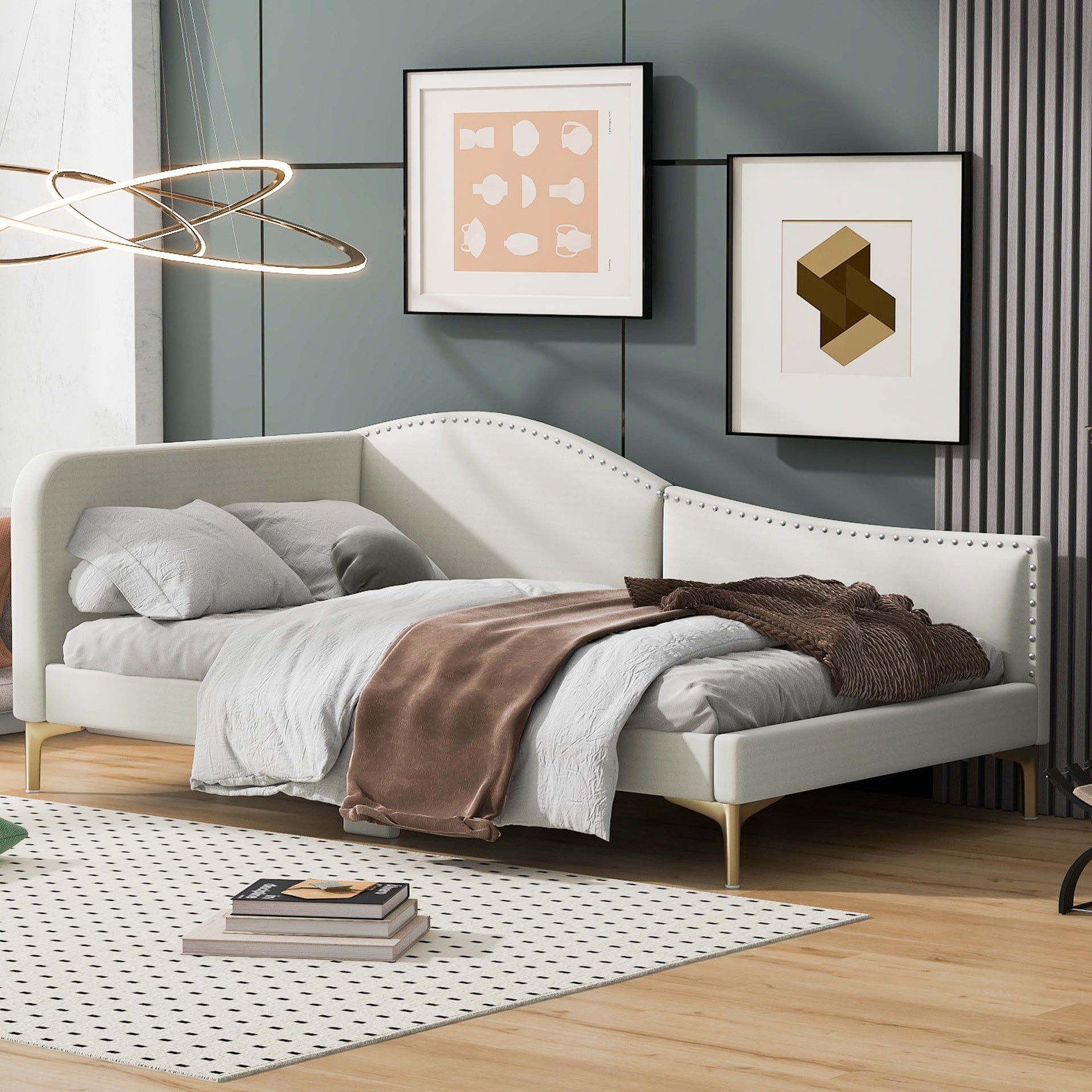 Twin Size Upholstered Daybed with Headboard and Armrest, Support Legs, Beige