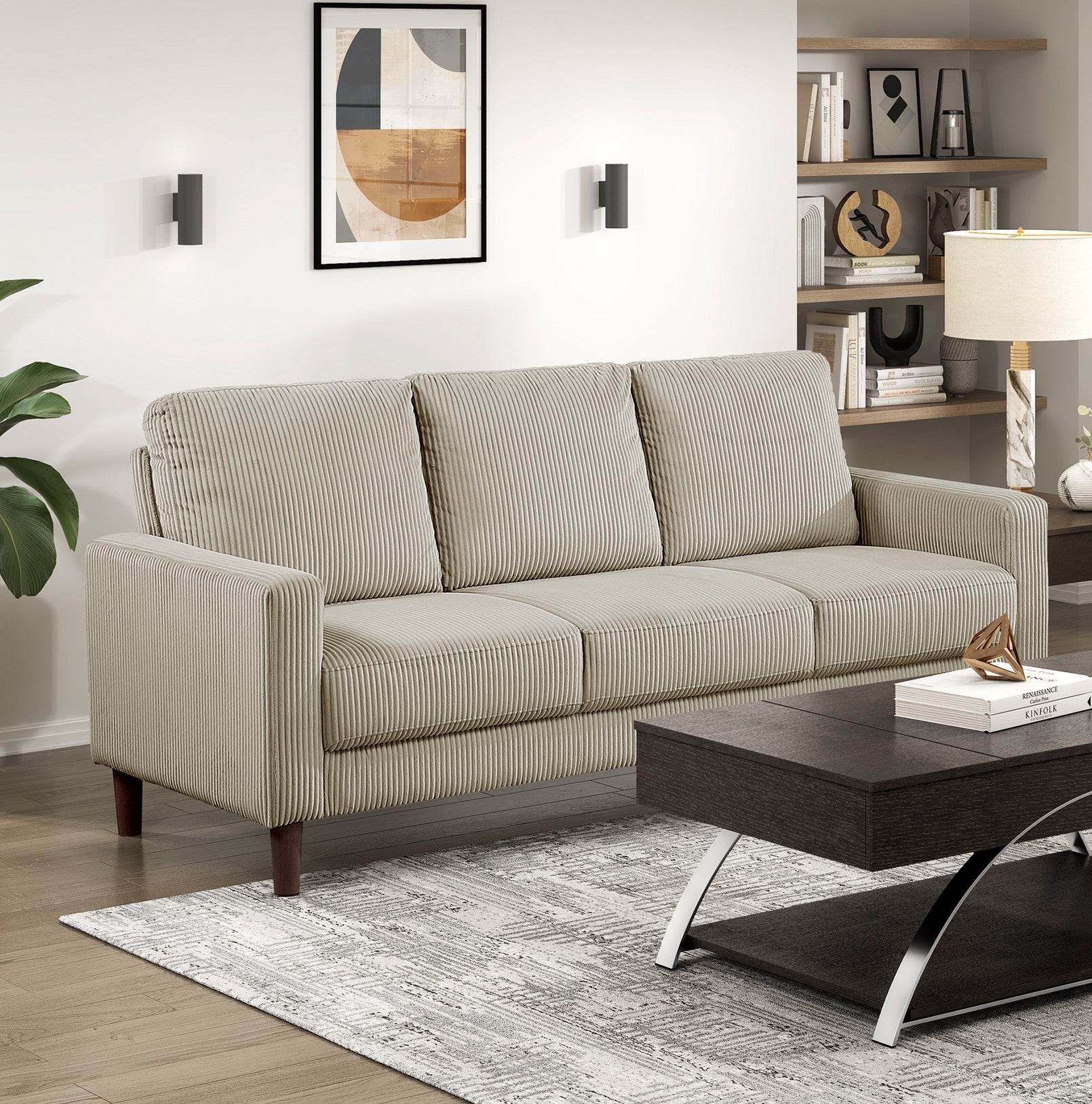 Modern Contemporary Taupe Corduroy Upholstered Sofa Comfortable Cushion Solid Wood Living Room Furniture 1pc
