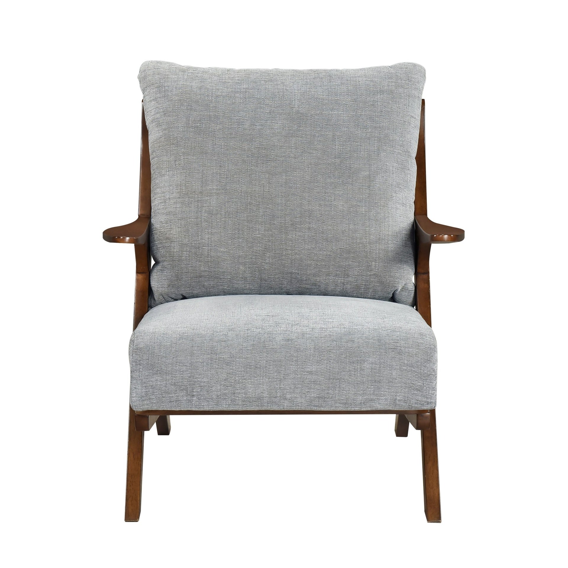 Mid-Century Modern Style Accent Chair 1pc Brown Solid Rubberwood Frame Comfort Seat Cushion Gray Chenille Upholstery Living Room Furniture