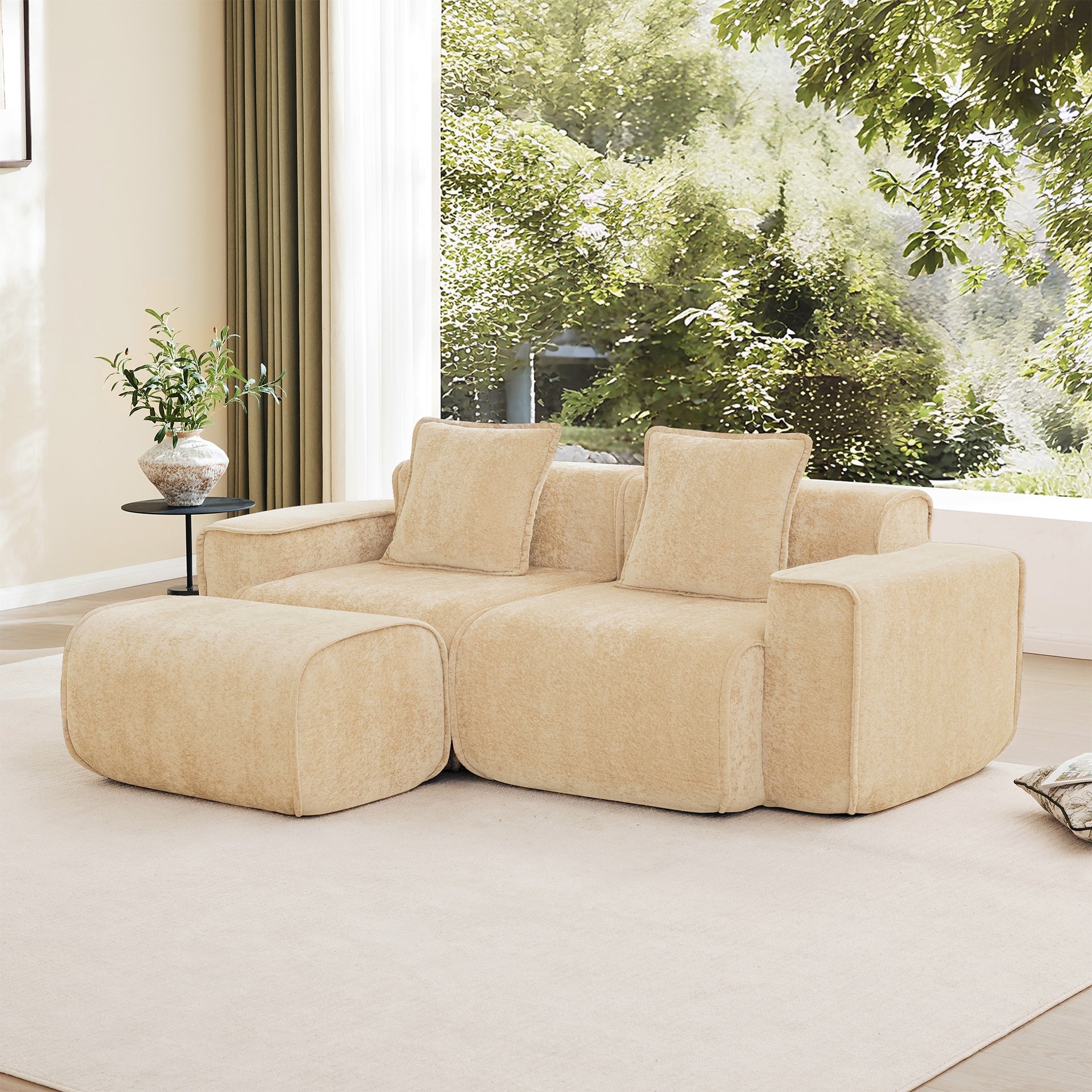 Streamlined Design Modular 2 Seat L Shape Sectional Boneless Sofa with French Edge Piping, No Assembly Required, 2-Seat Sofa Couch with Throw Pillows and 1 Movable Ottoman, Velvet Fabric Light Camel