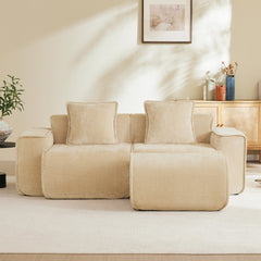 Streamlined Design Modular 2 Seat L Shape Sectional Boneless Sofa with French Edge Piping, No Assembly Required, 2-Seat Sofa Couch with Throw Pillows and 1 Movable Ottoman, Velvet Fabric Light Camel