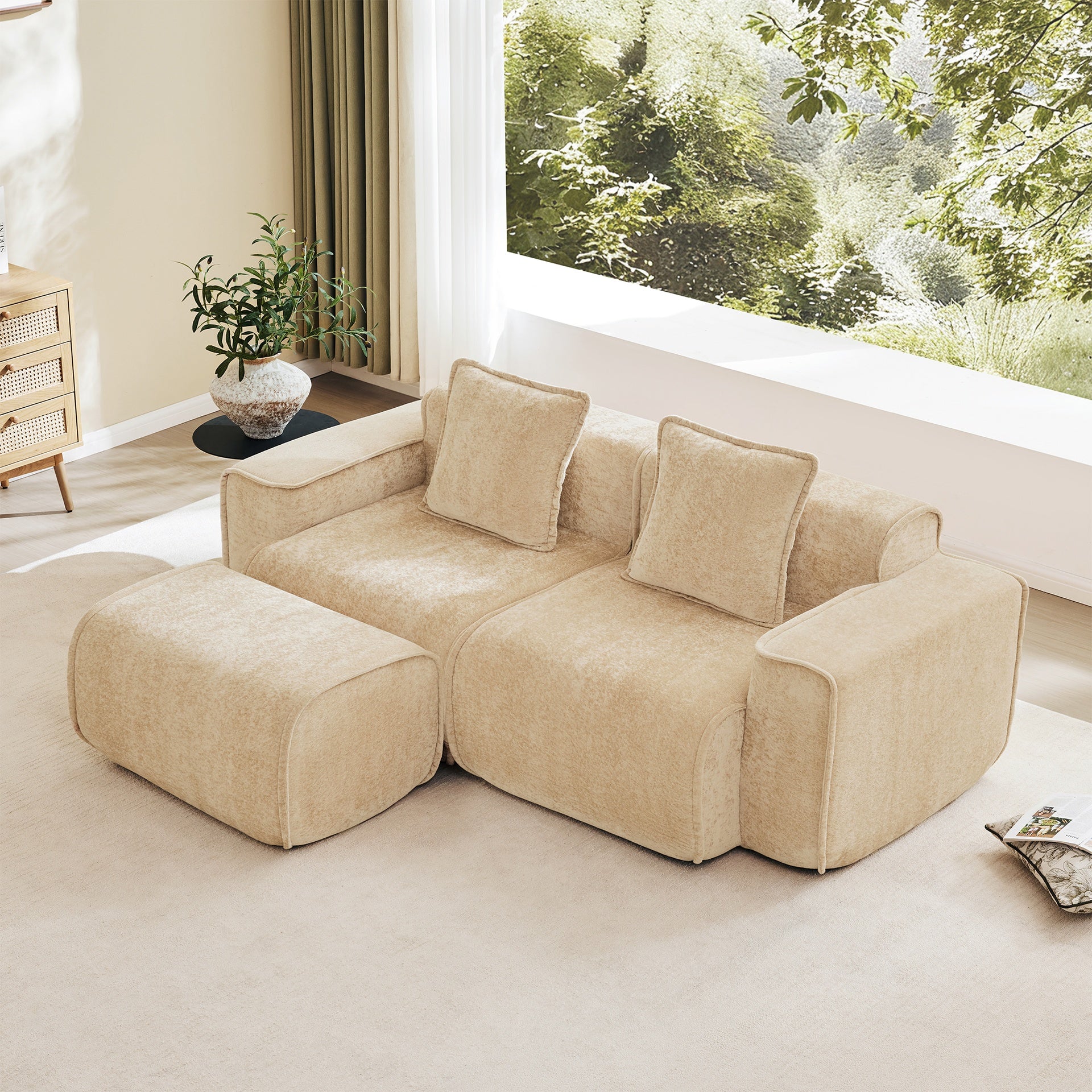 Streamlined Design Modular 2 Seat L Shape Sectional Boneless Sofa with French Edge Piping, No Assembly Required, 2-Seat Sofa Couch with Throw Pillows and 1 Movable Ottoman, Velvet Fabric Light Camel
