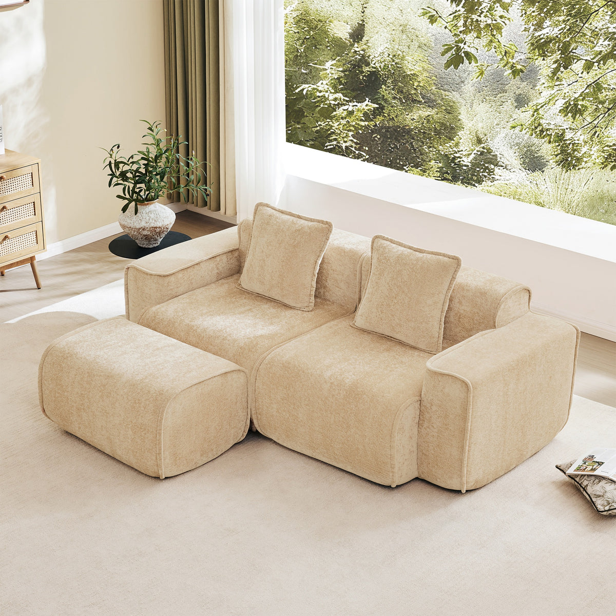 Streamlined Design Modular 2 Seat L Shape Sectional Boneless Sofa with French Edge Piping, No Assembly Required, 2-Seat Sofa Couch with Throw Pillows and 1 Movable Ottoman, Velvet Fabric Light Camel