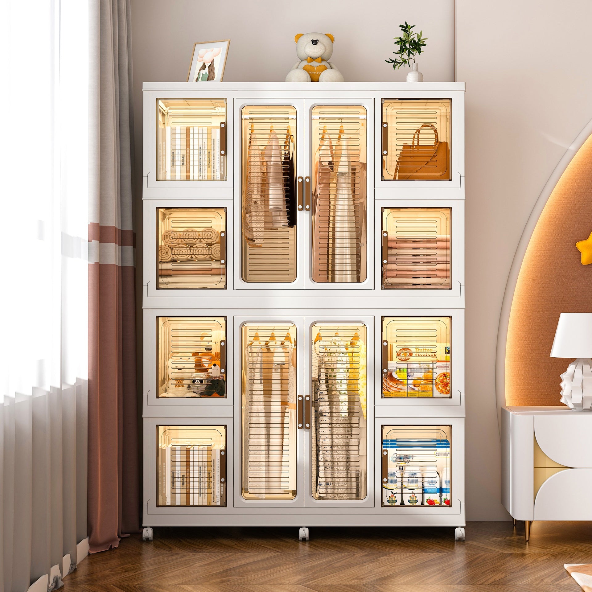 Portable Wardrobe Closet Storage Organizer for Clothes,Clothes Dresser,12 Magnetic Doors-12 Cubes & 2 Hanging Rod,16 pcs hangers , Baby Wardrobe Storage Cabinet,White