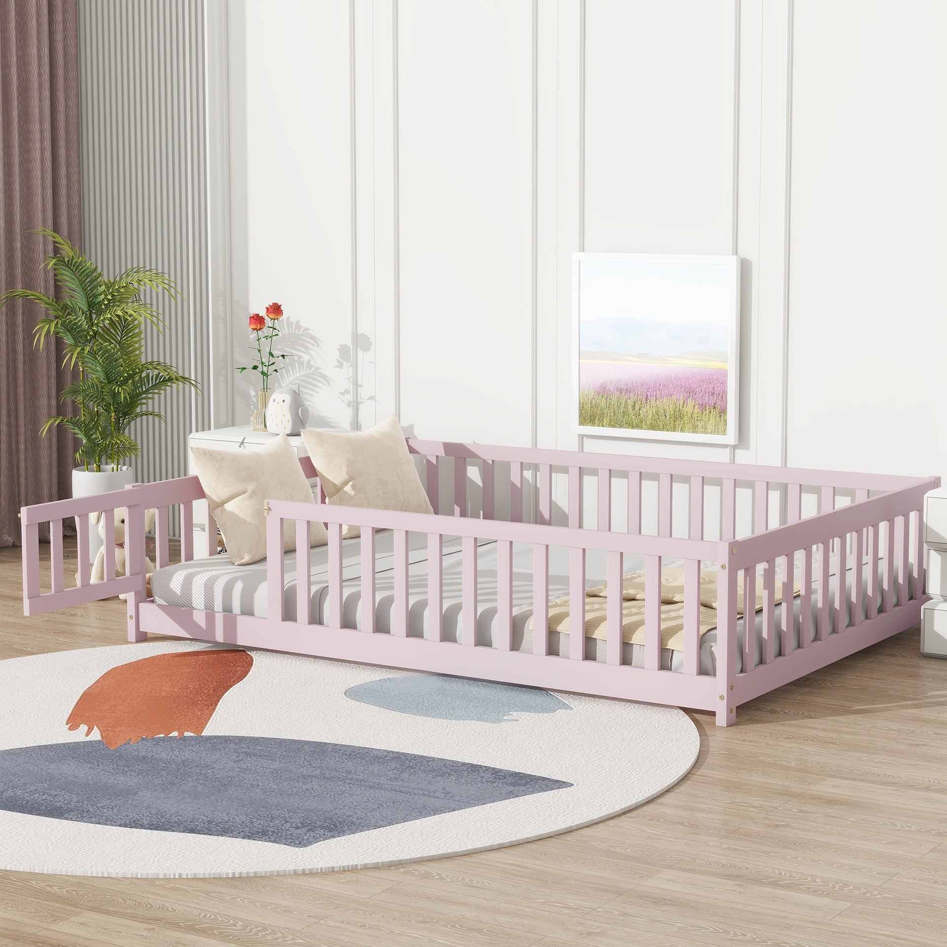 Full Size Floor Bed with Fence and Door,Rubber Wood Floor Bed with Safety Guardrails,Pink