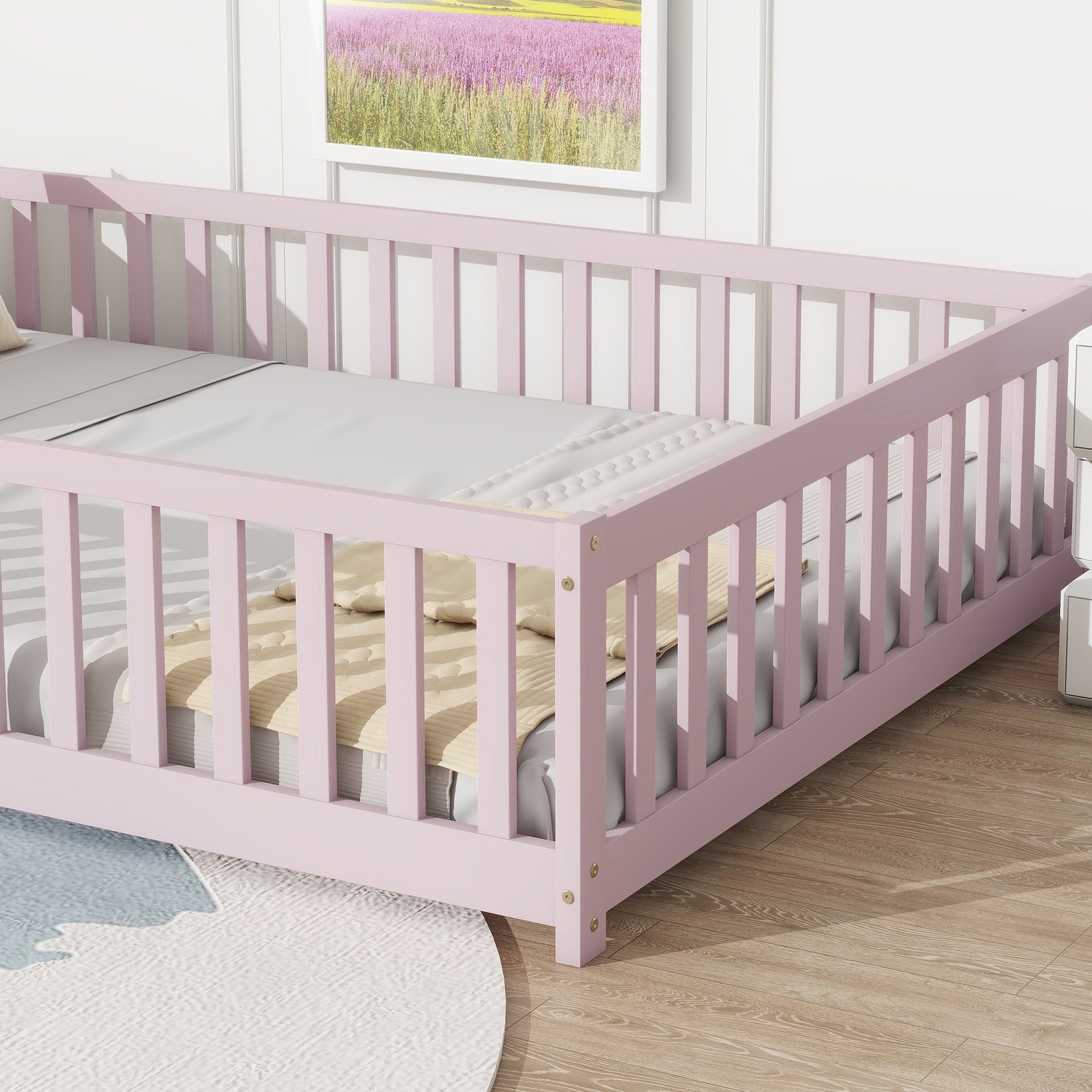 Full Size Floor Bed with Fence and Door,Rubber Wood Floor Bed with Safety Guardrails,Pink