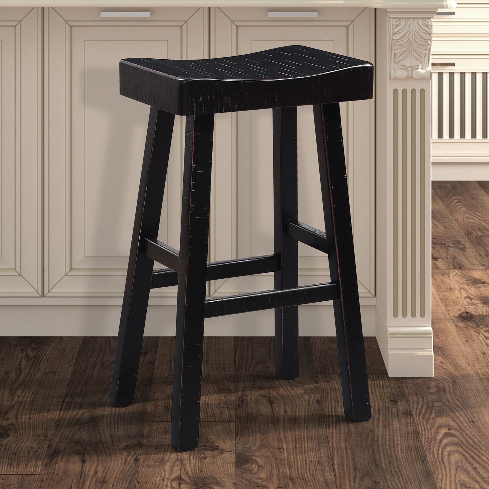 Traditional Solid Wooden Stool Set of 2pc, Contour Seat Black 29"H