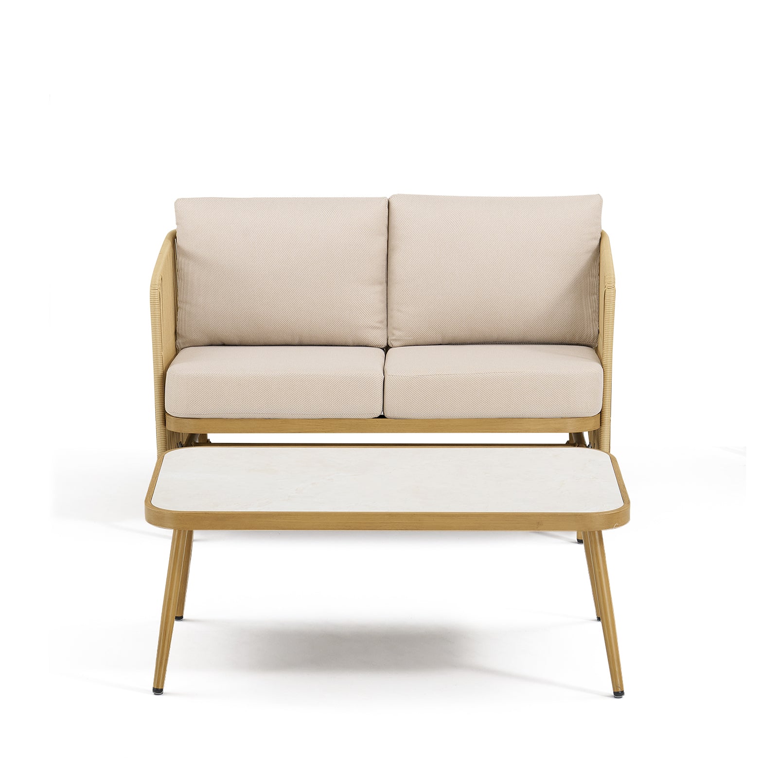 2-Person All-Weather PE Rattan Glider Loveseat with Coffee Table, Outdoor Patio Sofa Set with Beige Cushions (Weather-Resistant)