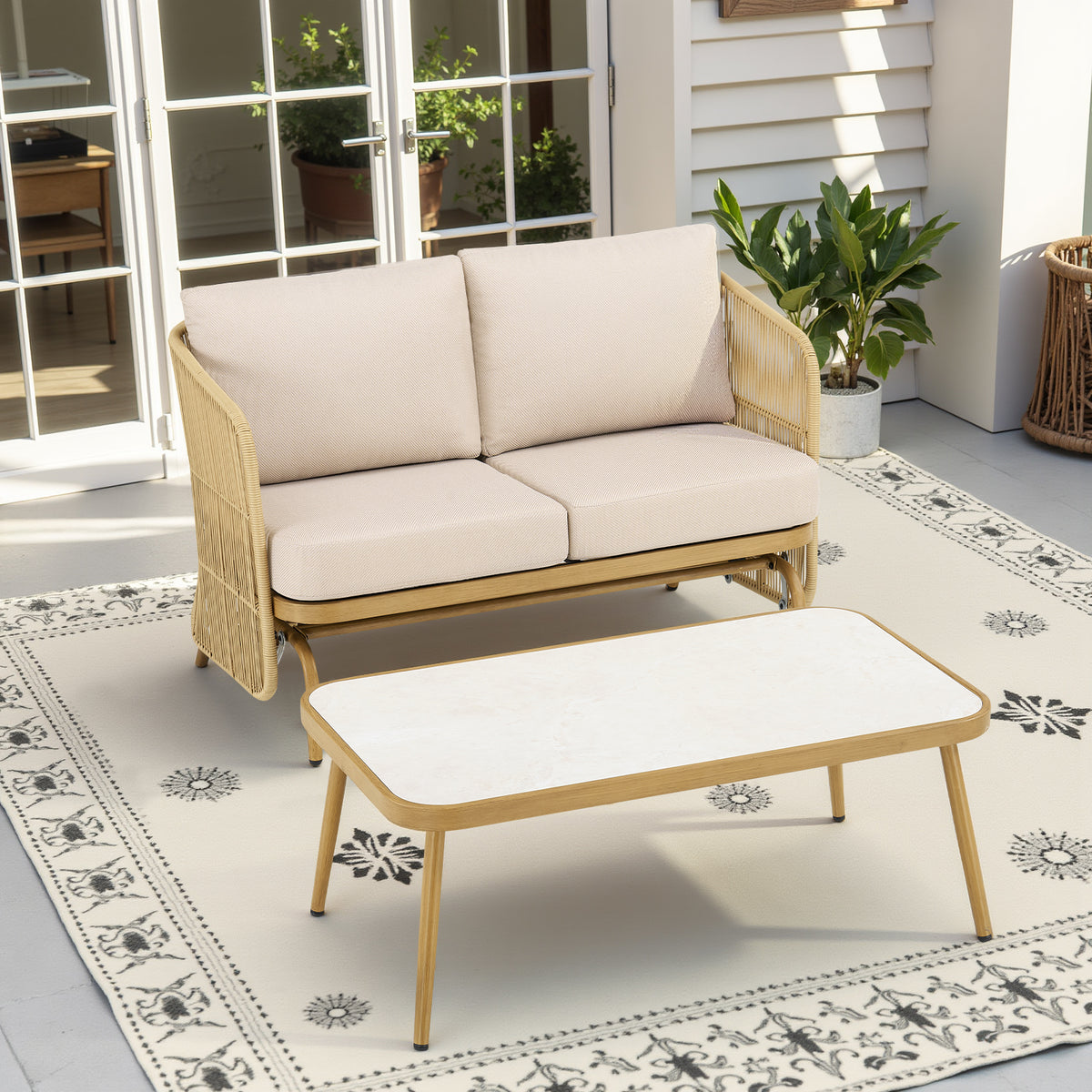 2-Person All-Weather PE Rattan Glider Loveseat with Coffee Table, Outdoor Patio Sofa Set with Beige Cushions (Weather-Resistant)