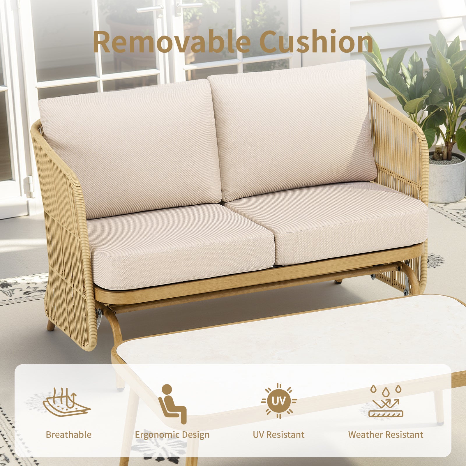 2-Person All-Weather PE Rattan Glider Loveseat with Coffee Table, Outdoor Patio Sofa Set with Beige Cushions (Weather-Resistant)