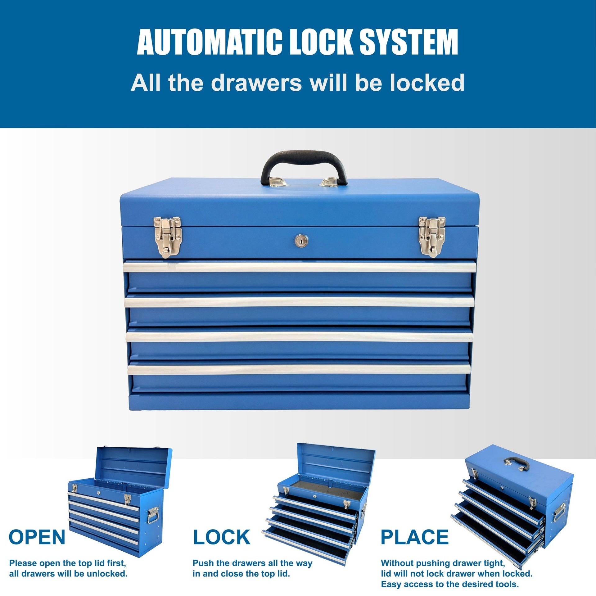 Heavy Duty Metal Tool Box, 21-inch, Portable Metal Tool Box with 4 Drawers, Small Tool Chest with EVA Liners, Ball Bearing Slide Drawers Locking & Powder Coated Finish, Multi-Function Tool Organizer