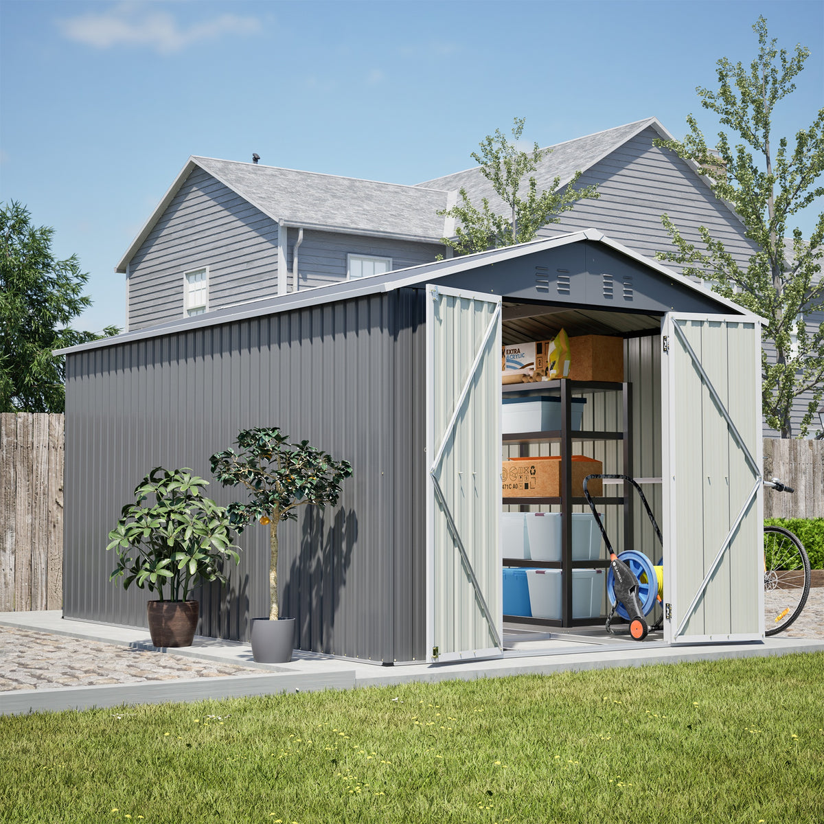 8 x 12 FT Outdoor Storage Shed, Large Metal Tool Storage with Aluminium Frame and Lockable Doors, Storage for Backyard Garden Patio Lawn, Grey