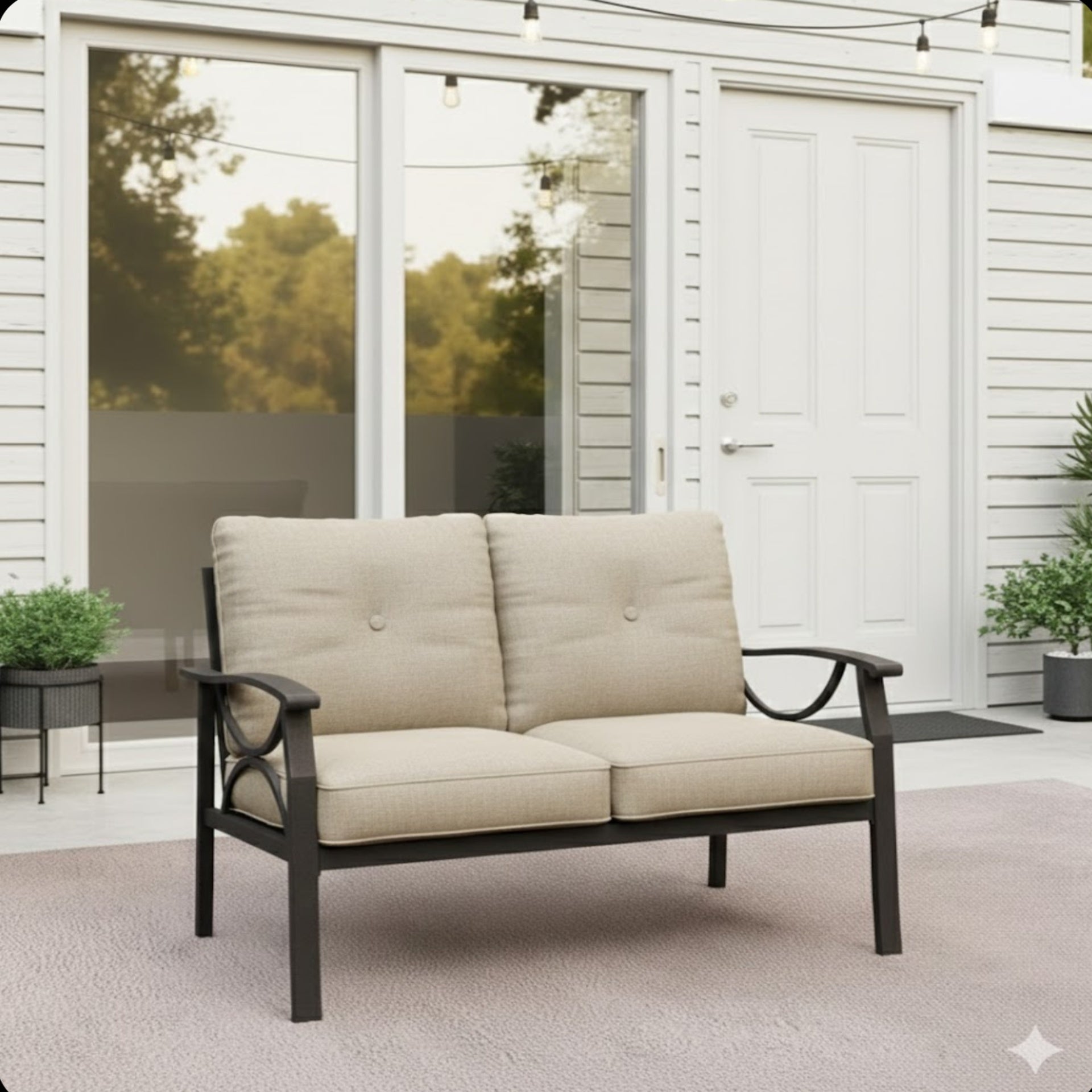 48" All-Weather Metal Loveseat 2 Seats Couch Sofa with Beige Cushions & Khaki Frame