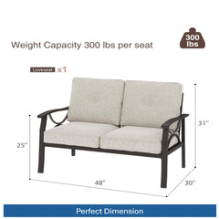 48" All-Weather Metal Loveseat 2 Seats Couch Sofa with Beige Cushions & Khaki Frame