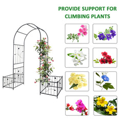 Metal Garden Arch with two plant stands 79.5'' Wide x 86.6'' High Climbing Plants Support Rose Arch Outdoor Black