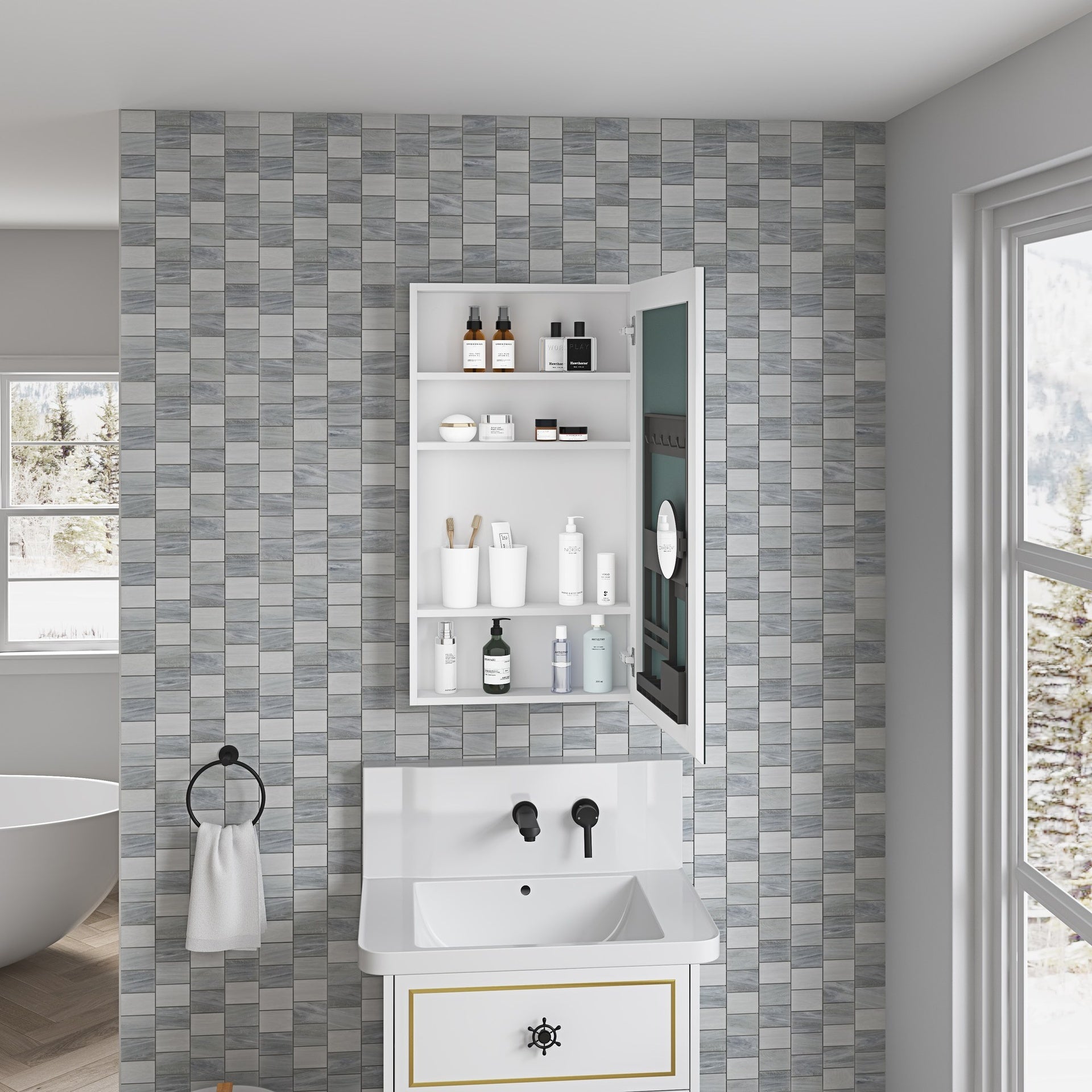 20'' W x 36'' H Surface Frameless Mirror Medicine Cabinet, Beveled Mirror Edges Bathroom Medicine Cabinet, Right opening door