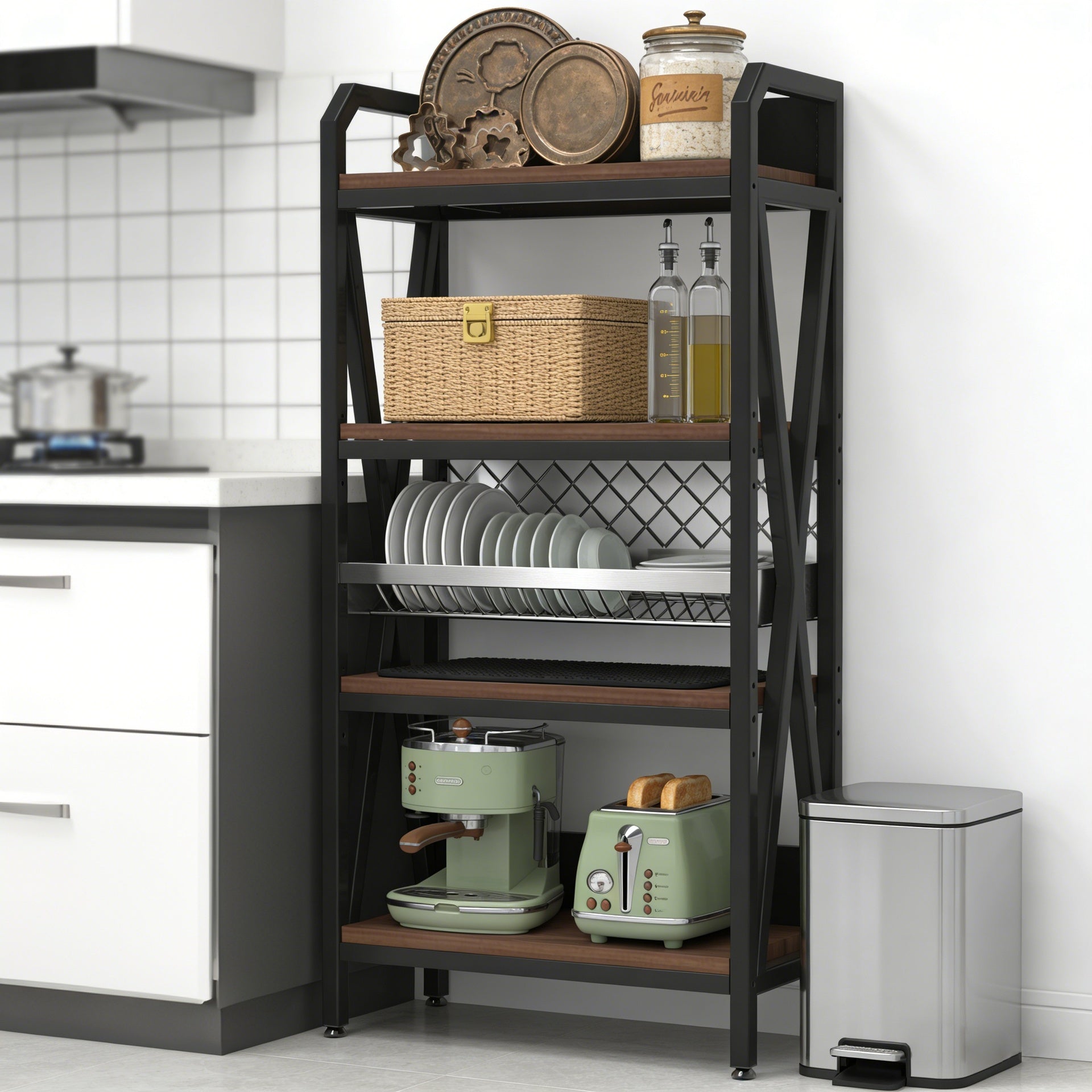 56.30'' Bakers Rack 4-Level Storage Shelves Mental and Wooden Kitchen Shelves, Kitchen Organizers and Storage, for Garage, Pantry, Bathroom ,25.60'' Length