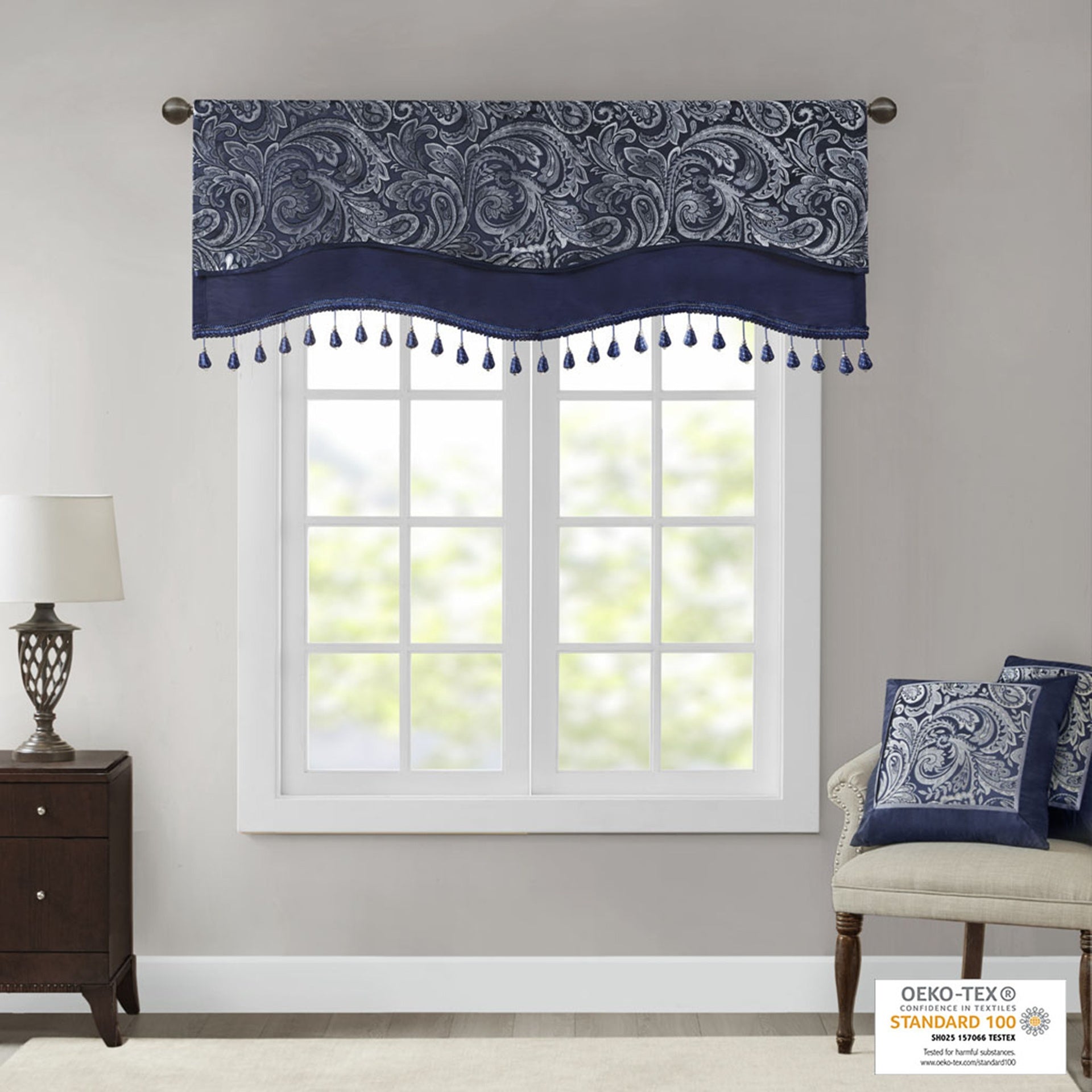 Jacquard Window Rod Pocket Valance With Beads Navy 50x18"