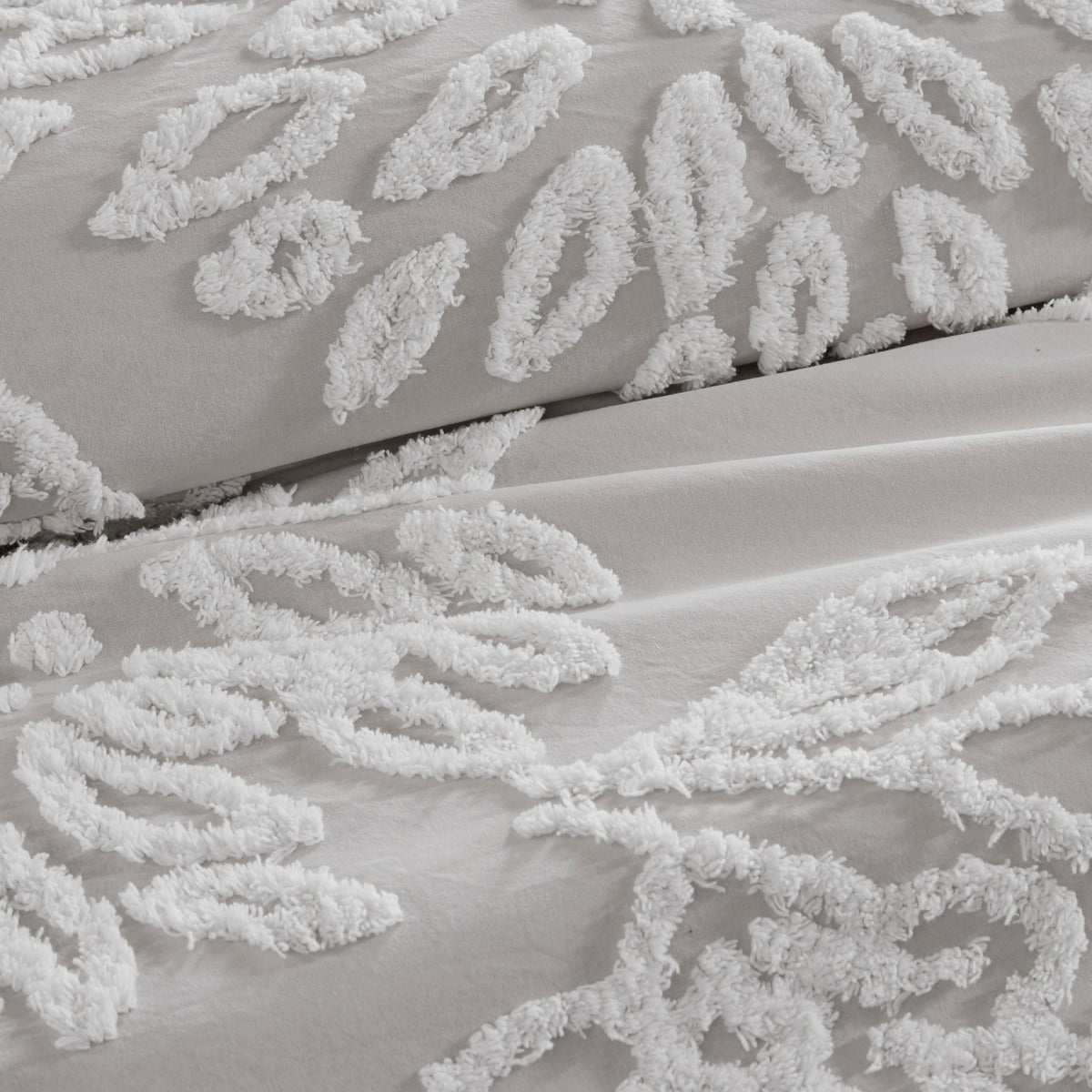 3 Piece Tufted Cotton Chenille Floral Comforter Set Warm Grey/White Full/Queen
