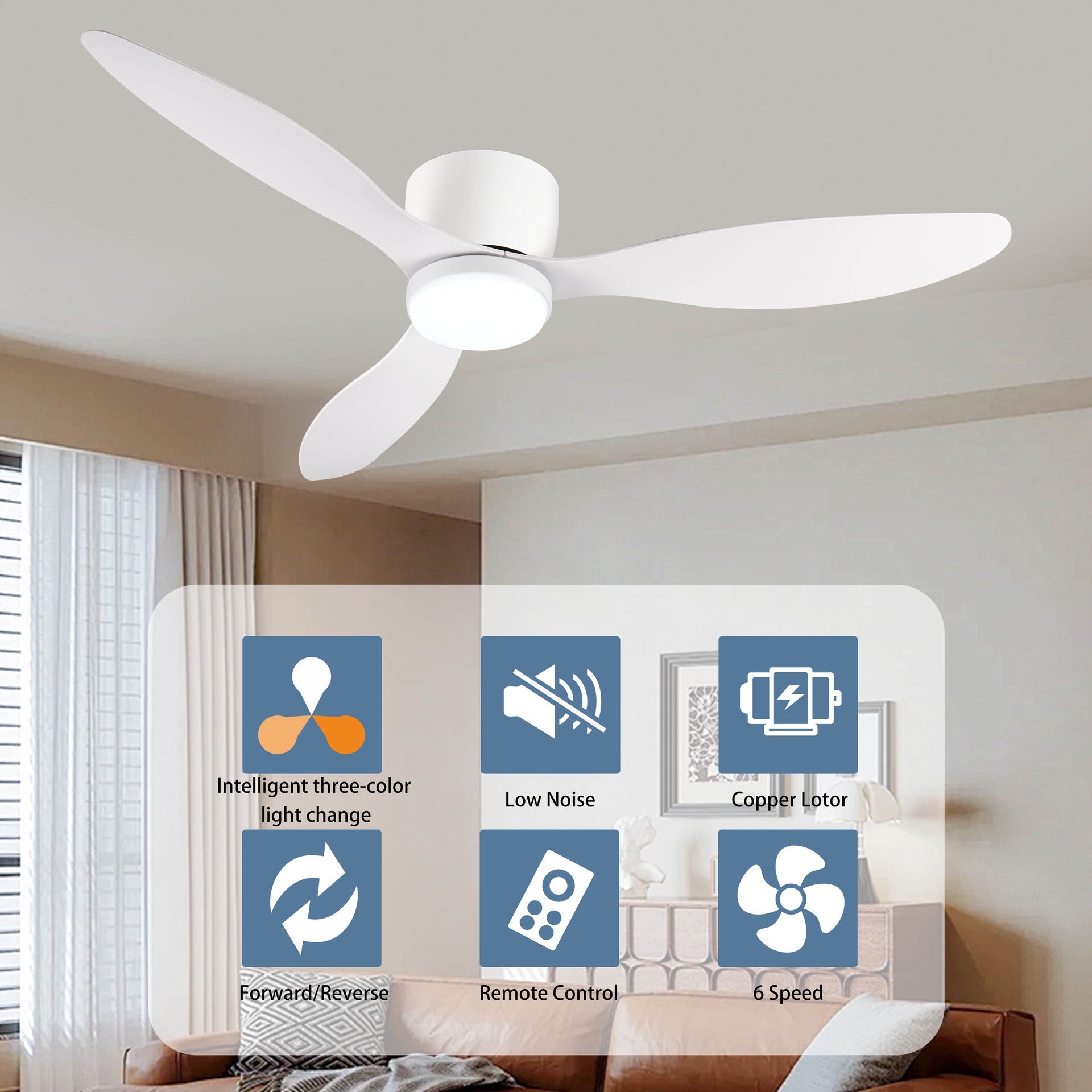 52" Smart Flush Mount Ceiling Fans with Lights Remote,Quiet DC Motor,Outdoor Indoor Low Profile white Ceiling Fan,Control with WIFI Alexa App,Dimmable,ABS blades,for Modern Bedroom Patio