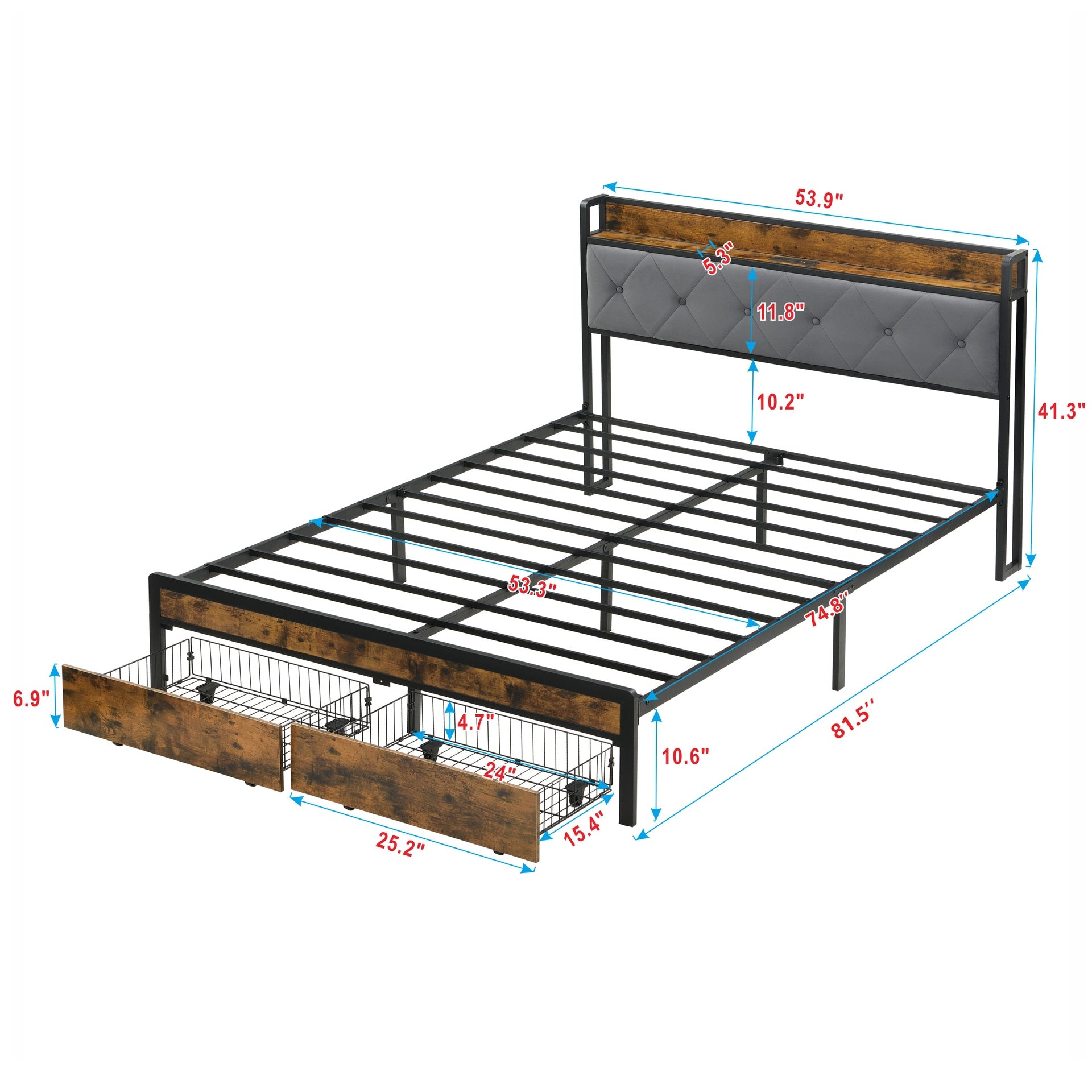 Full Bed Frame with Storage, Bed Frame with LED Lights Upholstered Headboard and 2 Drawers, USB & Charging Station, No Box Spring Needed, Easy Assembly, Grey F