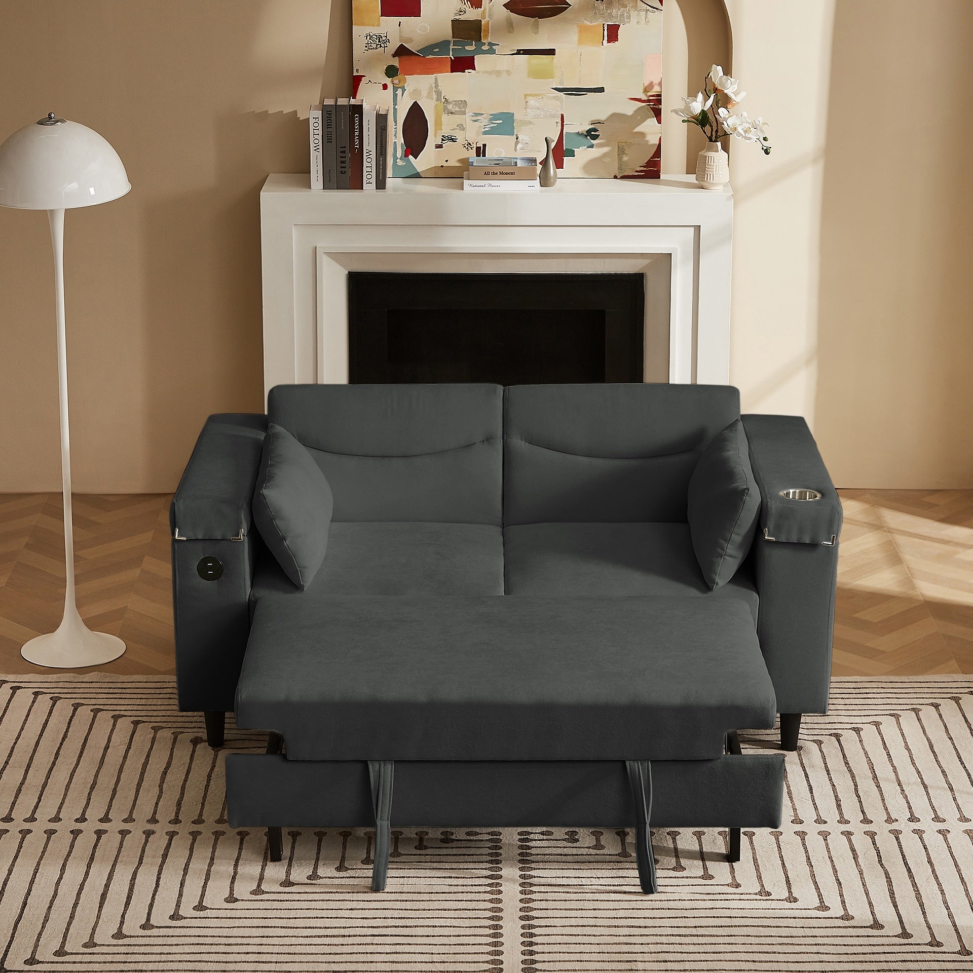 Dark Grey Chenille Sofa with Side Table and USB Port