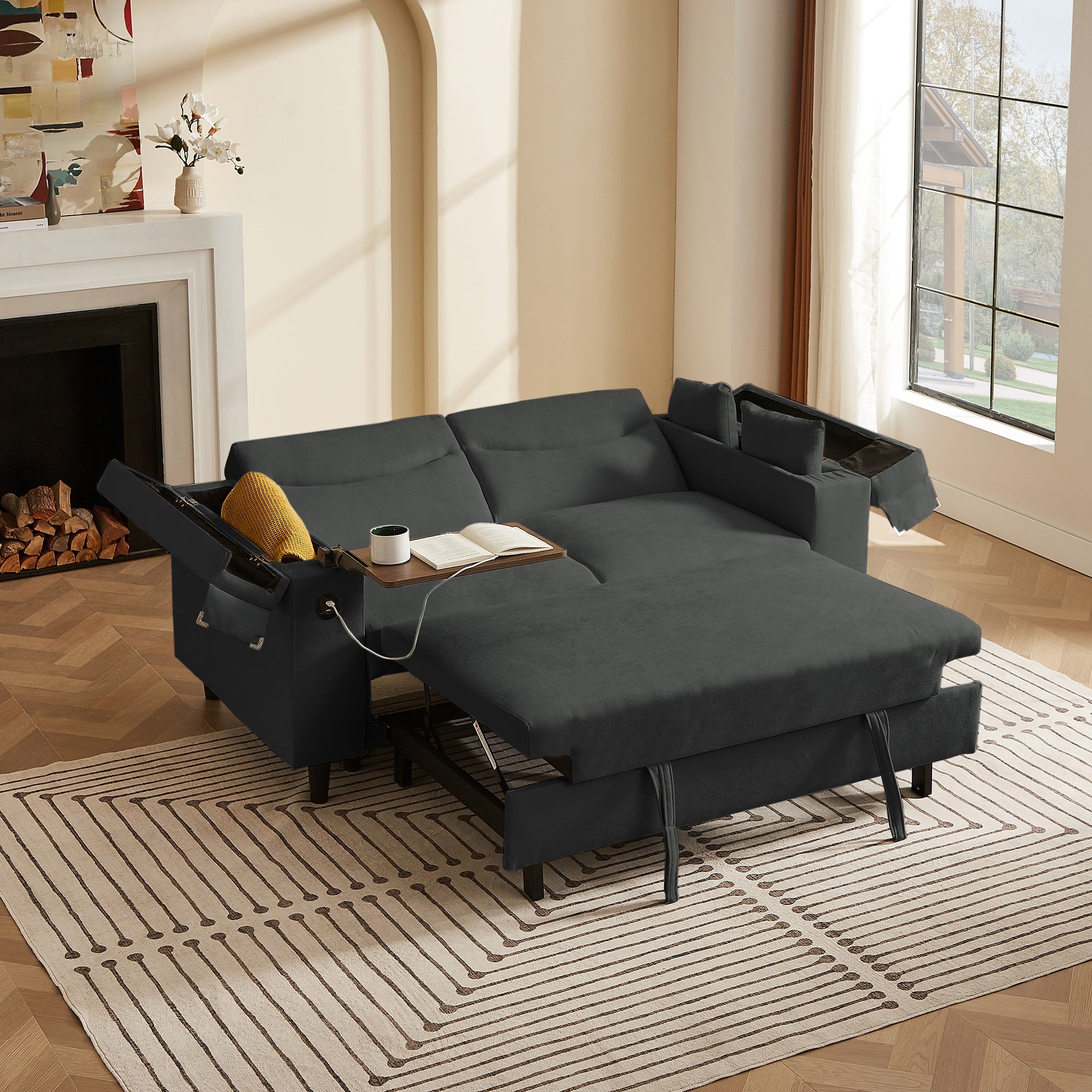 Dark Grey Chenille Sofa with Side Table and USB Port