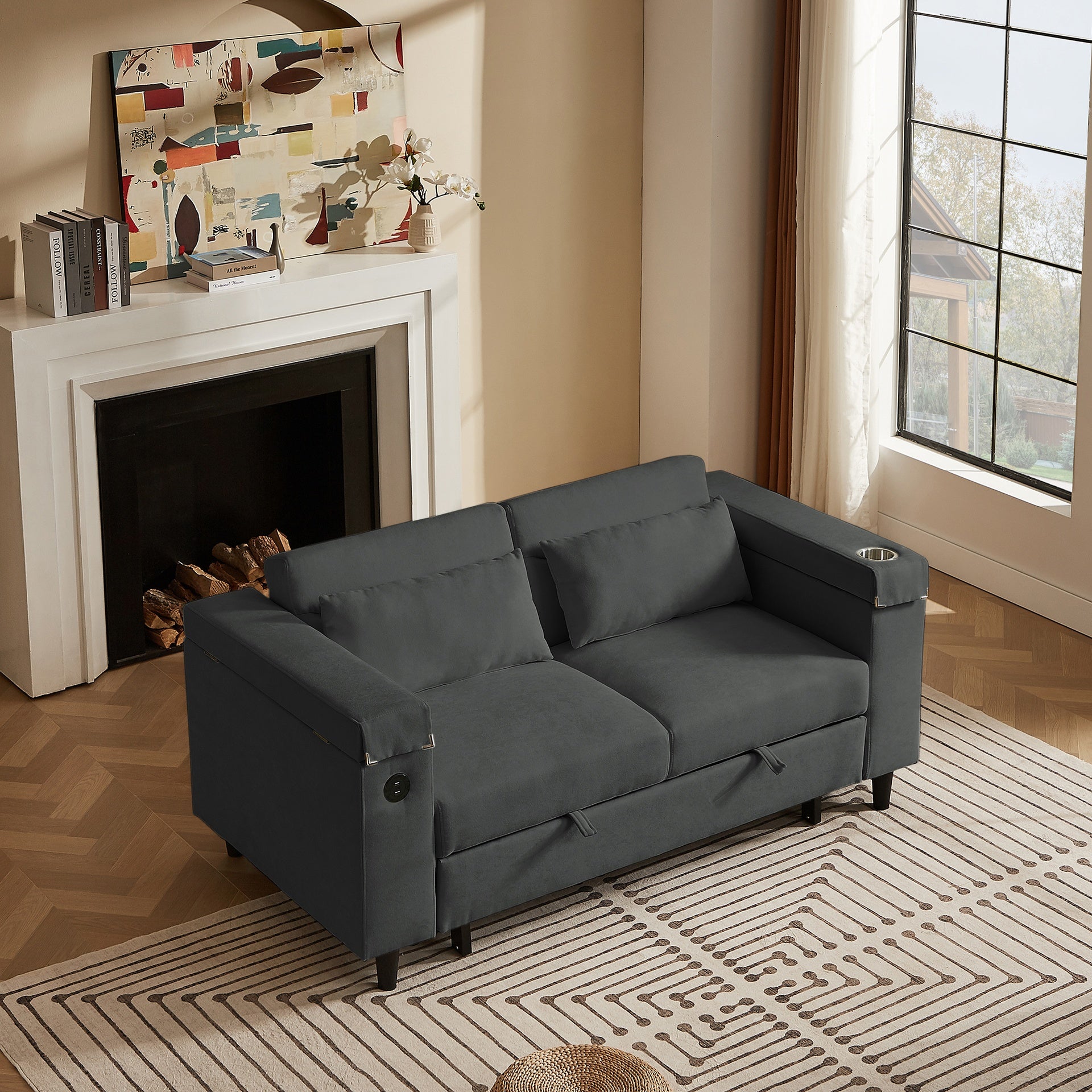 Dark Grey Chenille Sofa with Side Table and USB Port